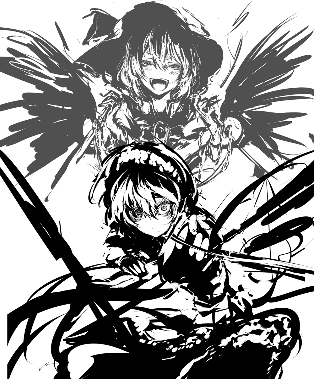 neichiru, izayoi sakuya, remilia scarlet, touhou, bad id, bad pixiv id, highres, 2girls, @ @, chain, female focus, greyscale, hat, high contrast, maid headdress, monochrome, multiple girls, open mouth, ringed eyes, sketch, speed painting