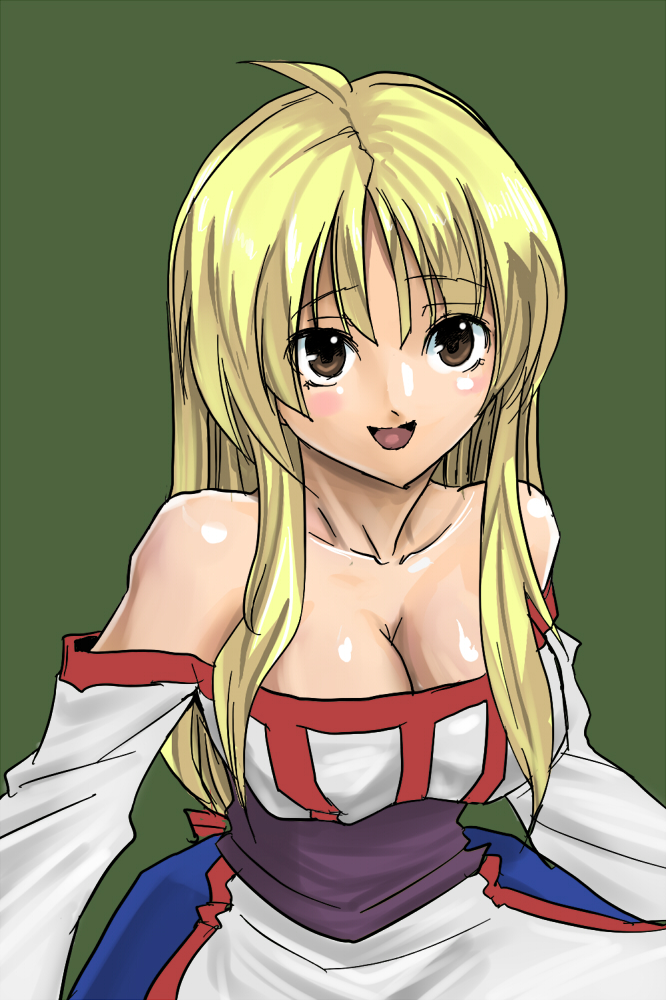 erugiza, lieza (arc the lad), arc the lad, arc the lad ii, 1girl, bare shoulders, blonde hair, breasts, brown eyes, cleavage, dress, female focus, long hair, open mouth, simple background, solo