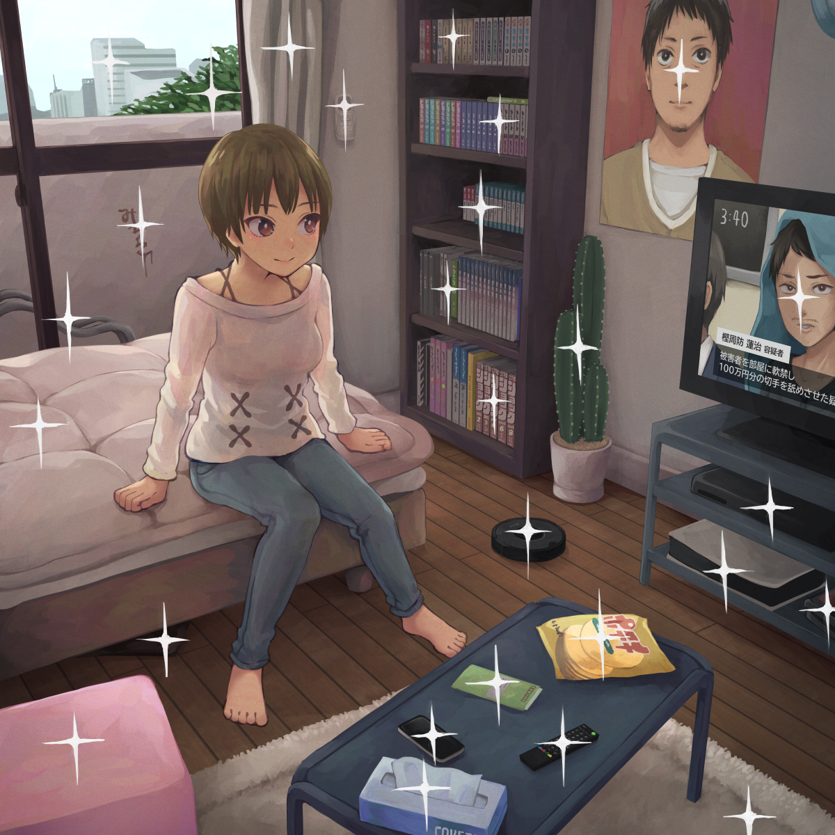 yajirushi (chanoma), original, commentary request, highres, 1girl, bag of chips, barefoot, bookshelf, brown hair, cactus, cellphone, closed mouth, controller, curtains, indoors, phone, poster (object), remote control, robotic vacuum cleaner, short hair, sitting, smartphone, smile, sparkle, television, tissue box, window, wooden floor