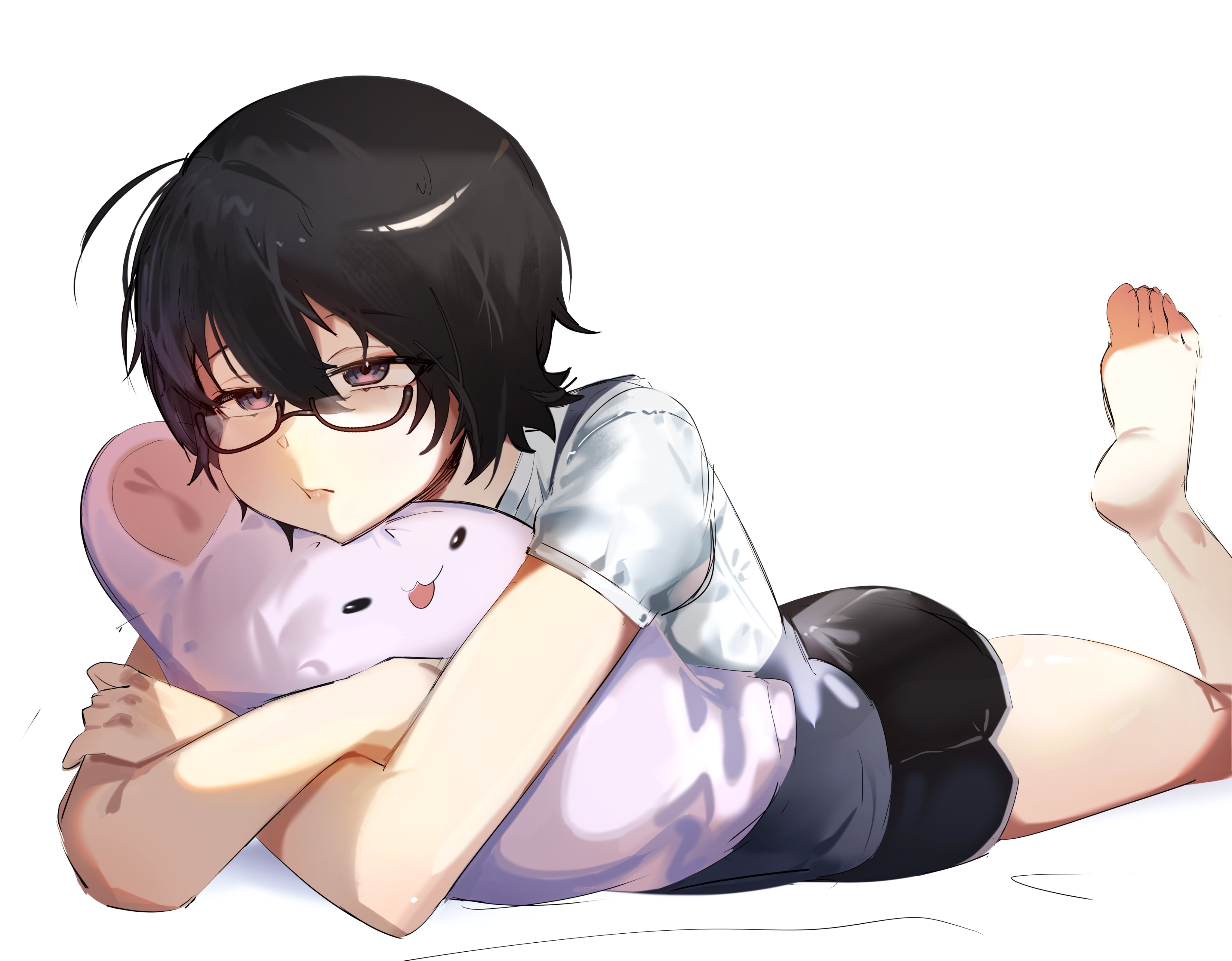 kenzeeato, original, absurdres, commentary, english commentary, highres, 1girl, :t, black hair, black shorts, dolphin shorts, glasses, lying, on stomach, short hair, shorts, simple background, stuffed toy