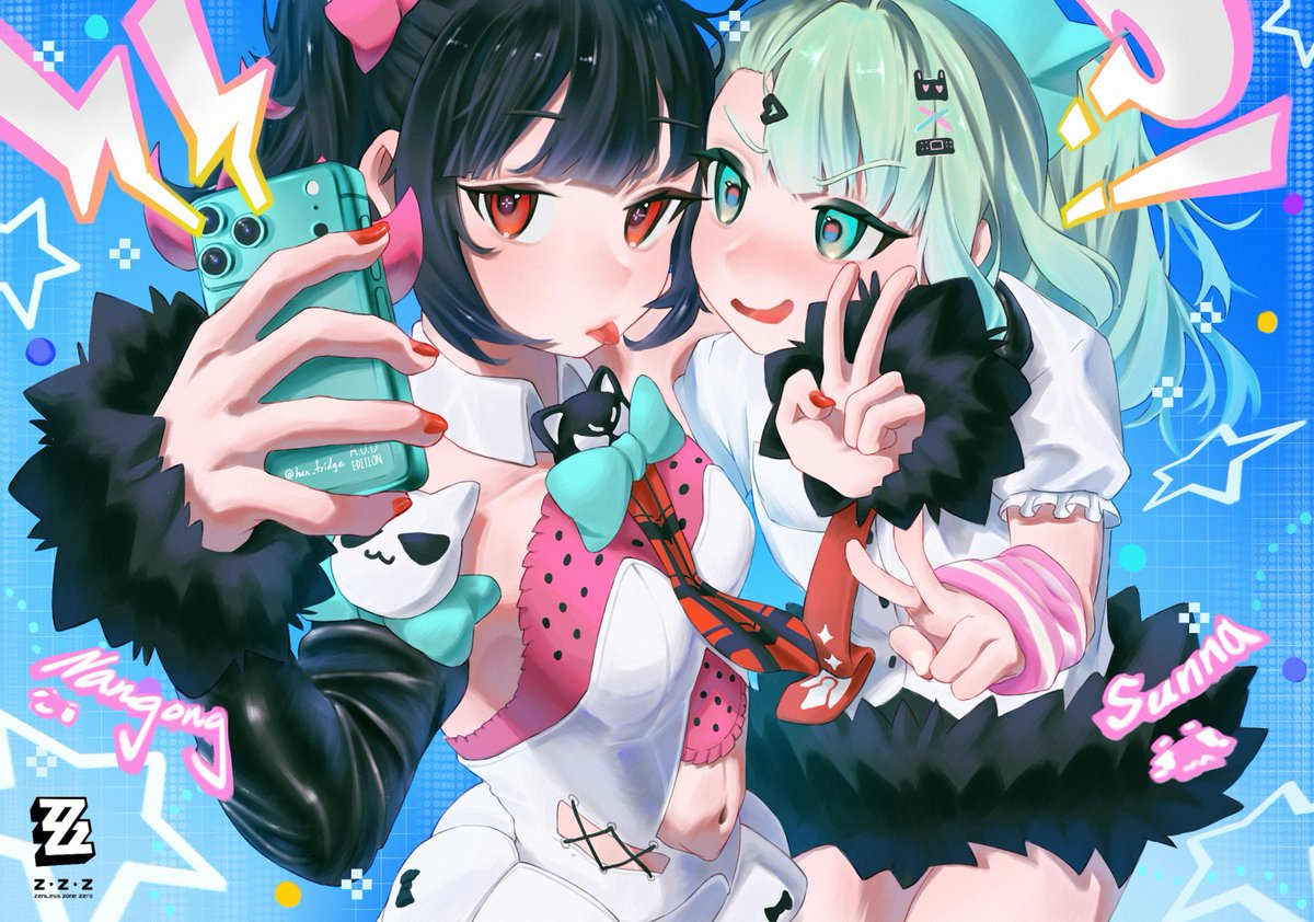 nangong yu, sunna (zenless zone zero), angels of delusion, zenless zone zero, commentary, english commentary, !?, 2girls, arm warmers, black hair, black skirt, black sleeves, blue background, bow, bowtie, breasts, character name, checkered necktie, clothing cutout, collarbone, colored inner hair, copyright logo, copyright name, crosshair pupils, detached sleeves, dress, fur-trimmed skirt, fur-trimmed sleeves, fur trim, green bow, green bowtie, green eyes, green hair, han fridge, holding, holding phone, logo, multicolored hair, multiple girls, multiple hair clips, navel, navel cutout, necktie, open mouth, phone, pink arm warmers, red eyes, red nails, red necktie, selfie, shirt, skirt, small breasts, star (symbol), striped arm warmers, tongue, tongue out, v, v-shaped eyebrows, white dress, white shirt