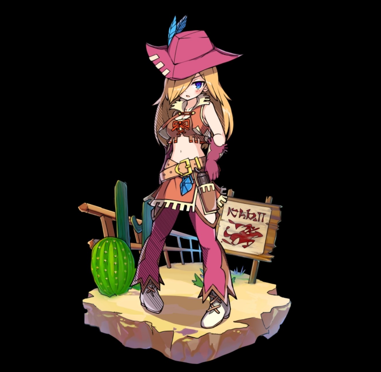 merc storia art team, merc storia, highres, official art, belt, billboard, black background, blonde hair, blush, bow, breasts, brown belt, cactus, cleavage, clothing cutout, collarbone, cowboy hat, crop top, curie (merc storia), feathers, fence, full body, gloves, gun, hair over one eye, hat, holding, holding gun, holding weapon, holster, large breasts, long hair, navel, pants, pink gloves, pink hat, pink pants, red bow, simple background, sleeveless, solo, standing, tachi-e, tsurime, v-shaped eyebrows, weapon, wooden fence