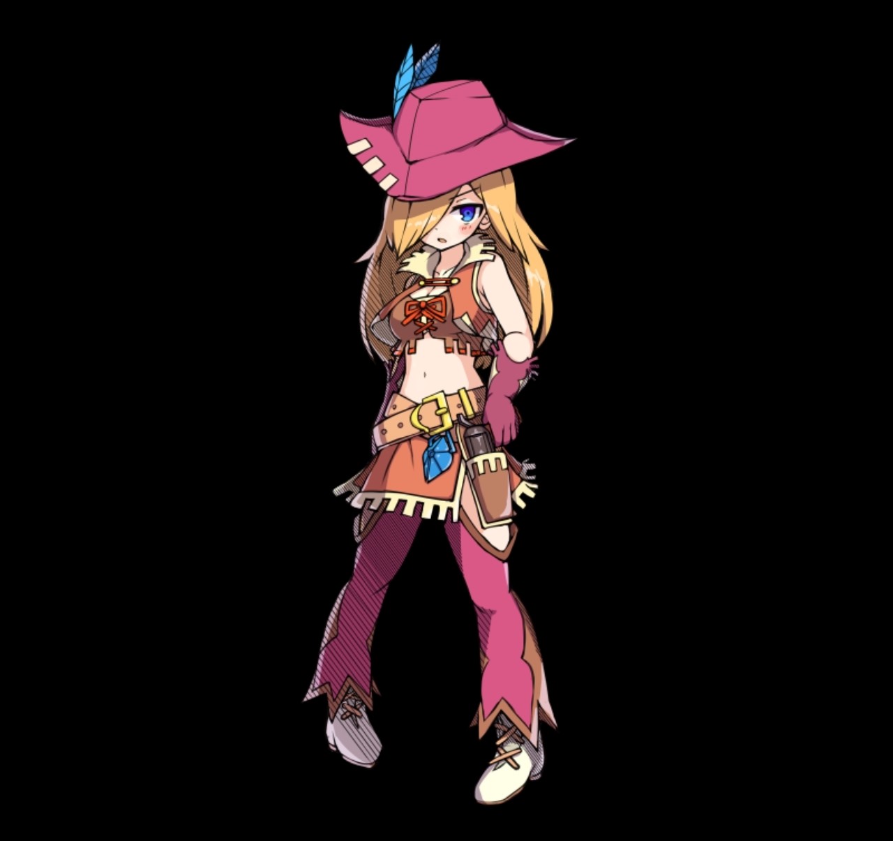 merc storia art team, merc storia, highres, official art, belt, black background, blonde hair, blush, bow, breasts, brown belt, cleavage, clothing cutout, collarbone, cowboy hat, crop top, curie (merc storia), feathers, full body, gloves, gun, hair over one eye, hat, holding, holding gun, holding weapon, holster, large breasts, long hair, navel, pants, pink gloves, pink hat, pink pants, red bow, simple background, sleeveless, solo, standing, tachi-e, tsurime, v-shaped eyebrows, weapon