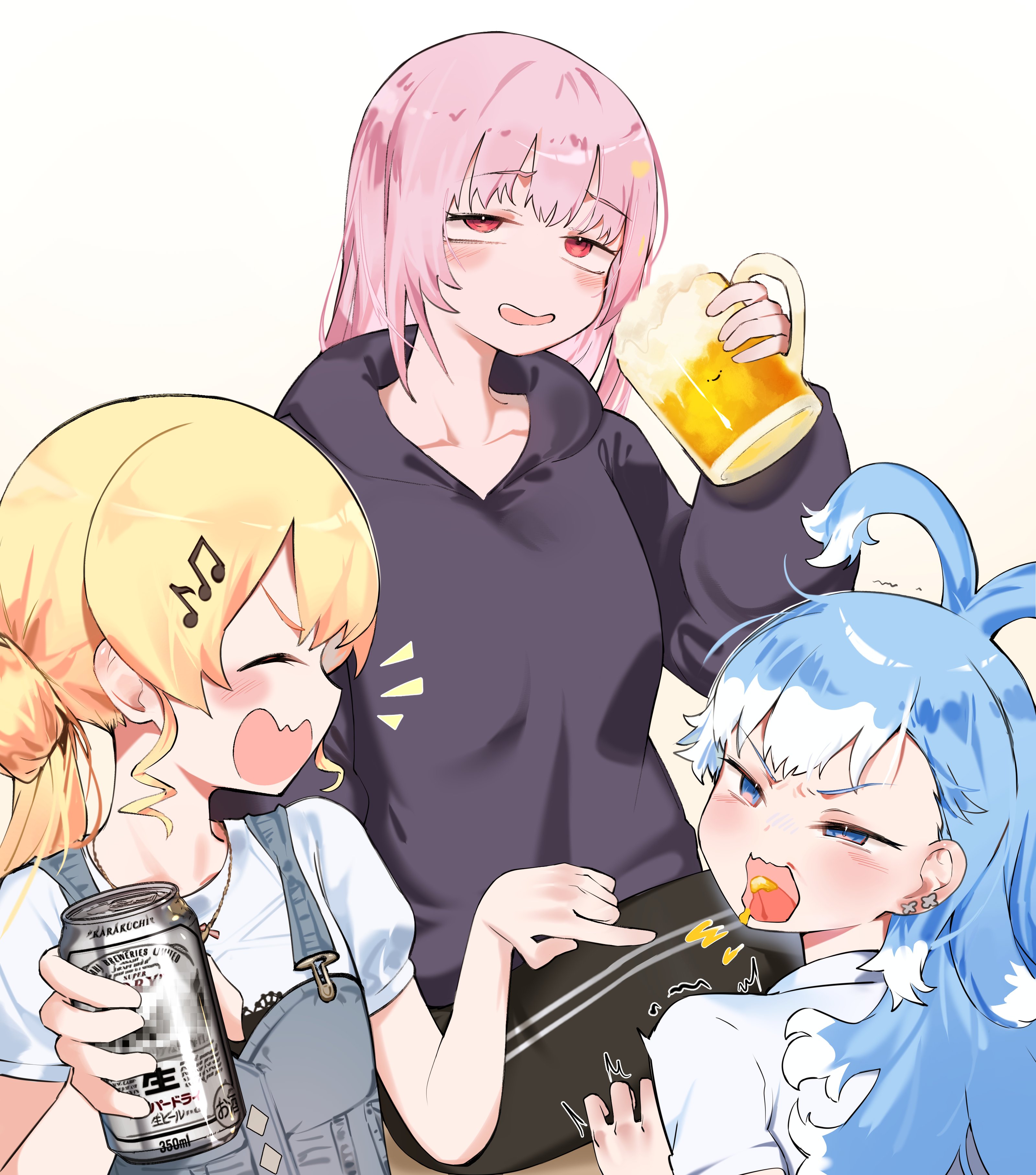 kenzeeato, kobo kanaeru, mori calliope, otonose kanade, hololive, hololive english, hololive indonesia, absurdres, highres, 3girls, alcohol, beer, beer bottle, beer mug, black hoodie, blonde hair, blue hair, cup, hood, hoodie, mug, multiple girls, pink hair, red eyes, virtual youtuber