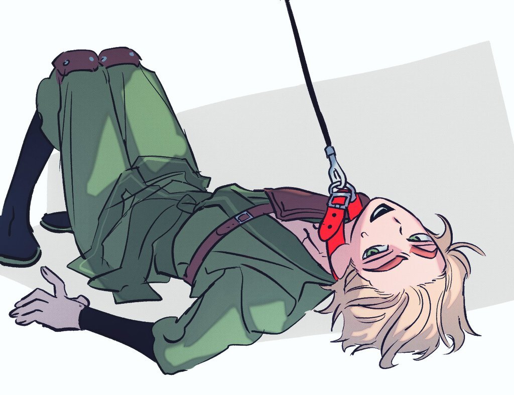 haaa om007ls, lloyd garmadon, ninjago, the lego group, commentary request, korean commentary, 1boy, animification, belt collar, blonde hair, collar, dougi, full body, green dougi, green eyes, green pants, knees up, leash, leash pull, long sleeves, looking at viewer, lying, male focus, nervous smile, on back, open mouth, pants, red collar, short hair, simple background, smile, solo, sweat, white background