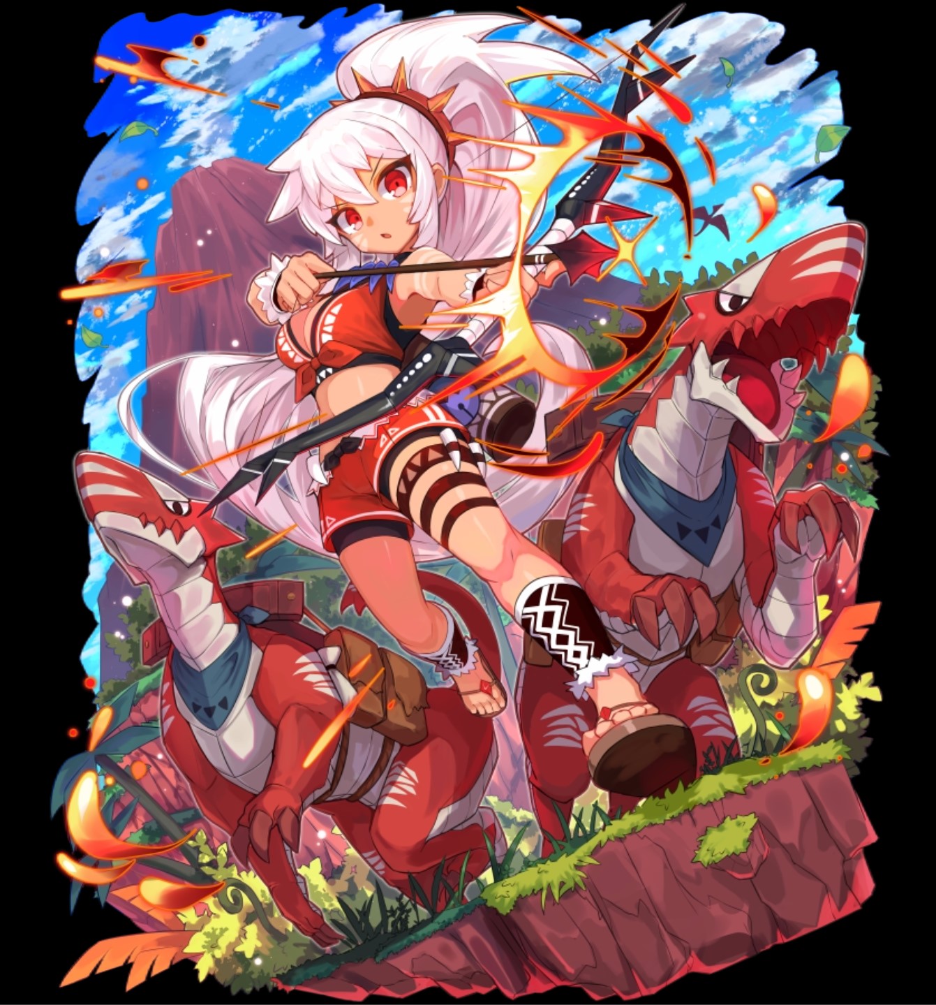 merc storia art team, merc storia, highres, official art, 1girl, :o, arrow (projectile), belt, bike shorts, bike shorts under shorts, black background, bow (weapon), breasts, cleavage, cloud, creature, dragon, facepaint, front-tie top, full body, grass, high ponytail, holding, holding arrow, holding bow (weapon), holding weapon, ivy, large breasts, leaf, long hair, looking at viewer, motion lines, mountain, outdoors, ponytail, quiver, red eyes, red shorts, rubela (merc storia), sandals, shorts, simple background, sky, solo, standing, tachi-e, thigh belt, thigh strap, tree, tsurime, v-shaped eyebrows, very long hair, weapon, white hair