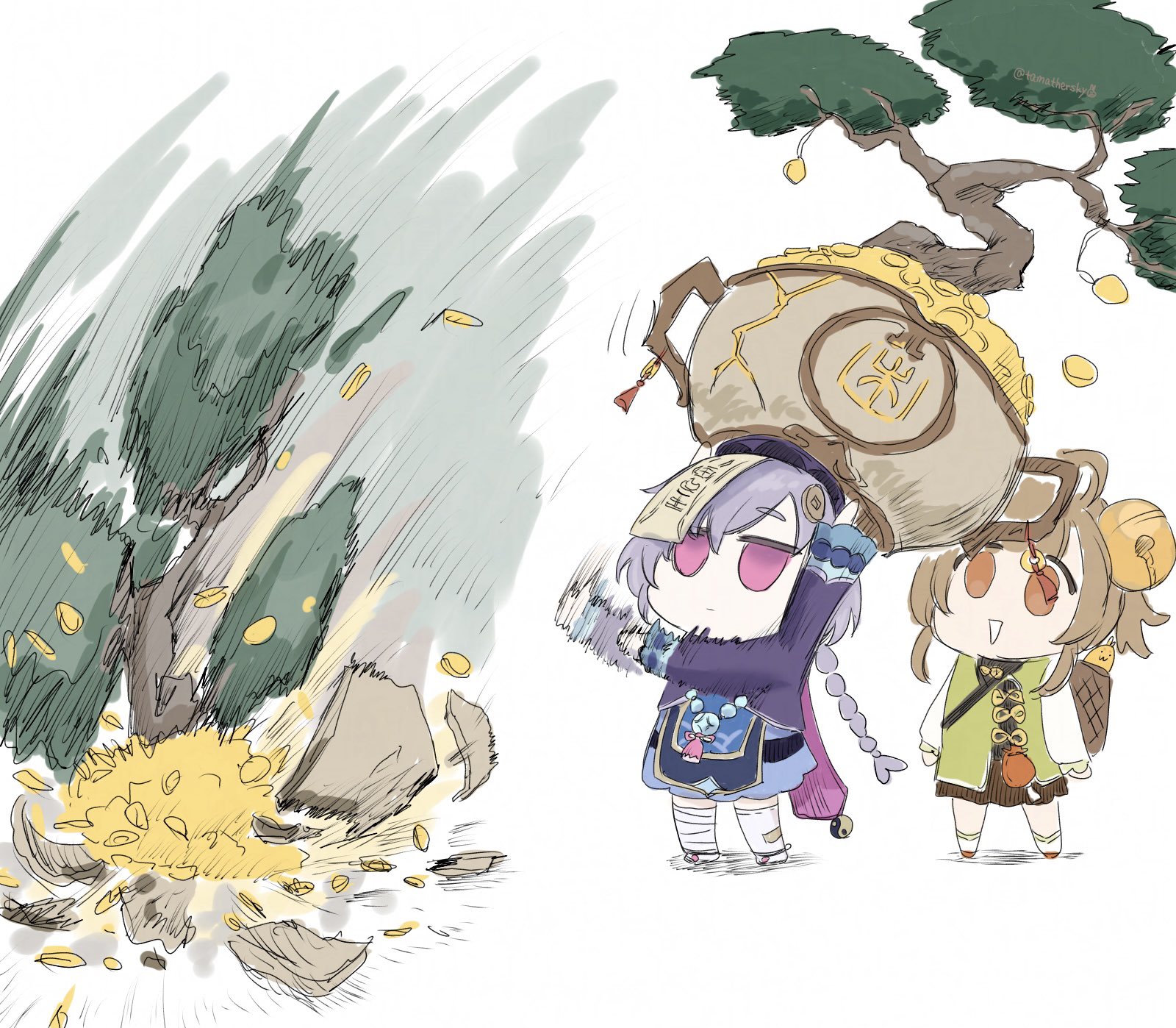 tama (tamathersky), qiqi (genshin impact), yaoyao (genshin impact), yuegui (genshin impact), genshin impact, highres, 2girls, basket, bead necklace, beads, bell, bonsai, bow-shaped hair, braid, brown eyes, brown hair, coin, coin hair ornament, dress, hair bell, hair ornament, hat, jewelry, jiangshi, jingle bell, long hair, long sleeves, multiple girls, necklace, ofuda, open mouth, plant, potted plant, purple eyes, purple hair, qingdai guanmao, short hair, sidelocks, smile, throwing