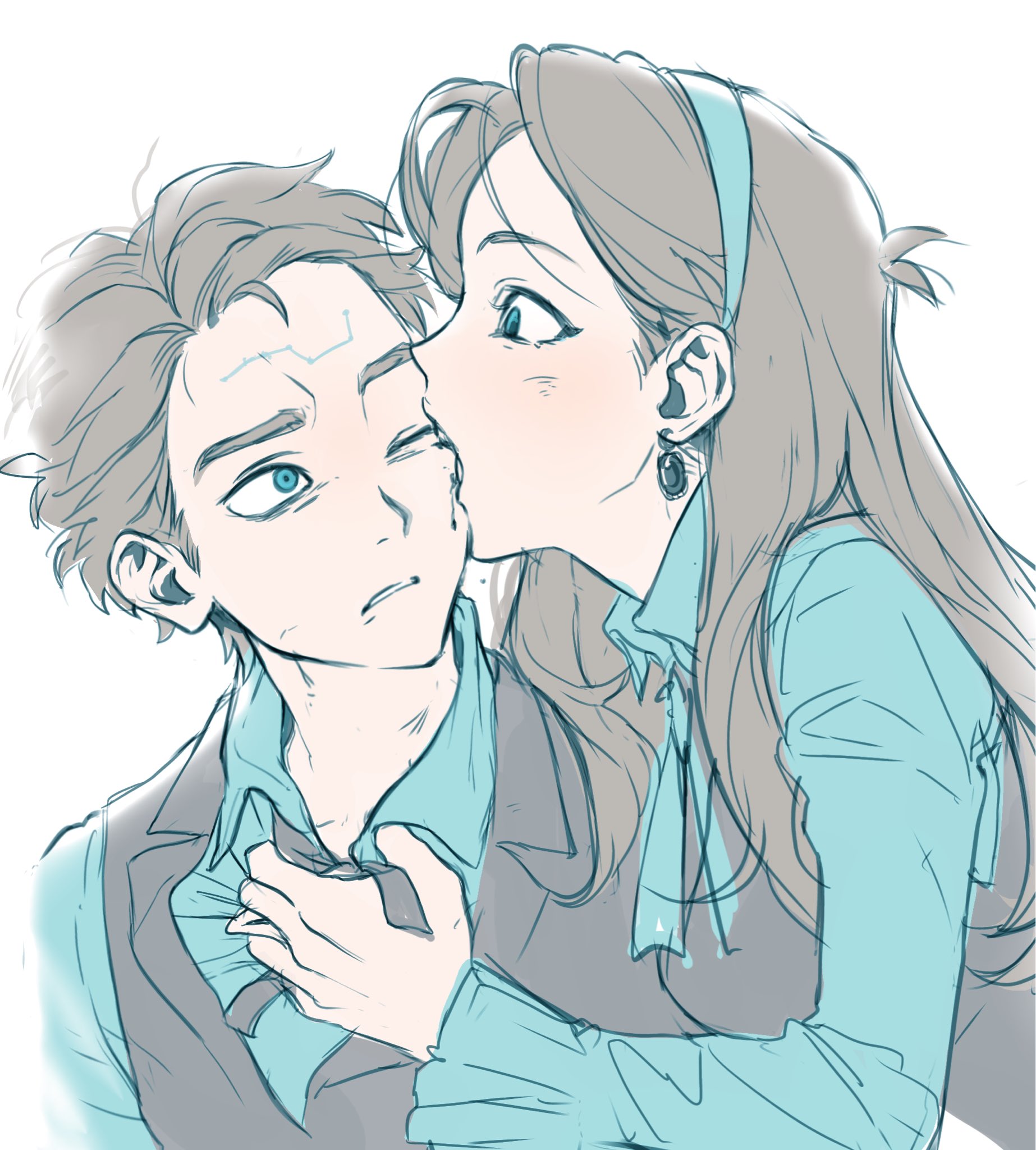 jjojjo110110, dipper gleeful, dipper pines, mabel gleeful, mabel pines, gravity falls, reverse falls (gravity falls), commentary request, highres, korean commentary, 1boy, 1girl, biting, biting cheek, black blood, black cross tie, black vest, blood, blood on face, blue cross tie, blue eyes, blue headband, blue shirt, brother and sister, brown hair, clothes grab, collared shirt, cross tie, disgust, earrings, empty eyes, forehead, furrowed brow, grabbing another's shirt, hair slicked back, headband, jewelry, lapels, light frown, long hair, long sleeves, looking at another, looking to the side, notched lapels, one eye closed, parted hair, parted lips, scar, scar on face, scar on forehead, shirt, short hair, siblings, simple background, sketch, vest, waistcoat, white background, wide-eyed, wing collar