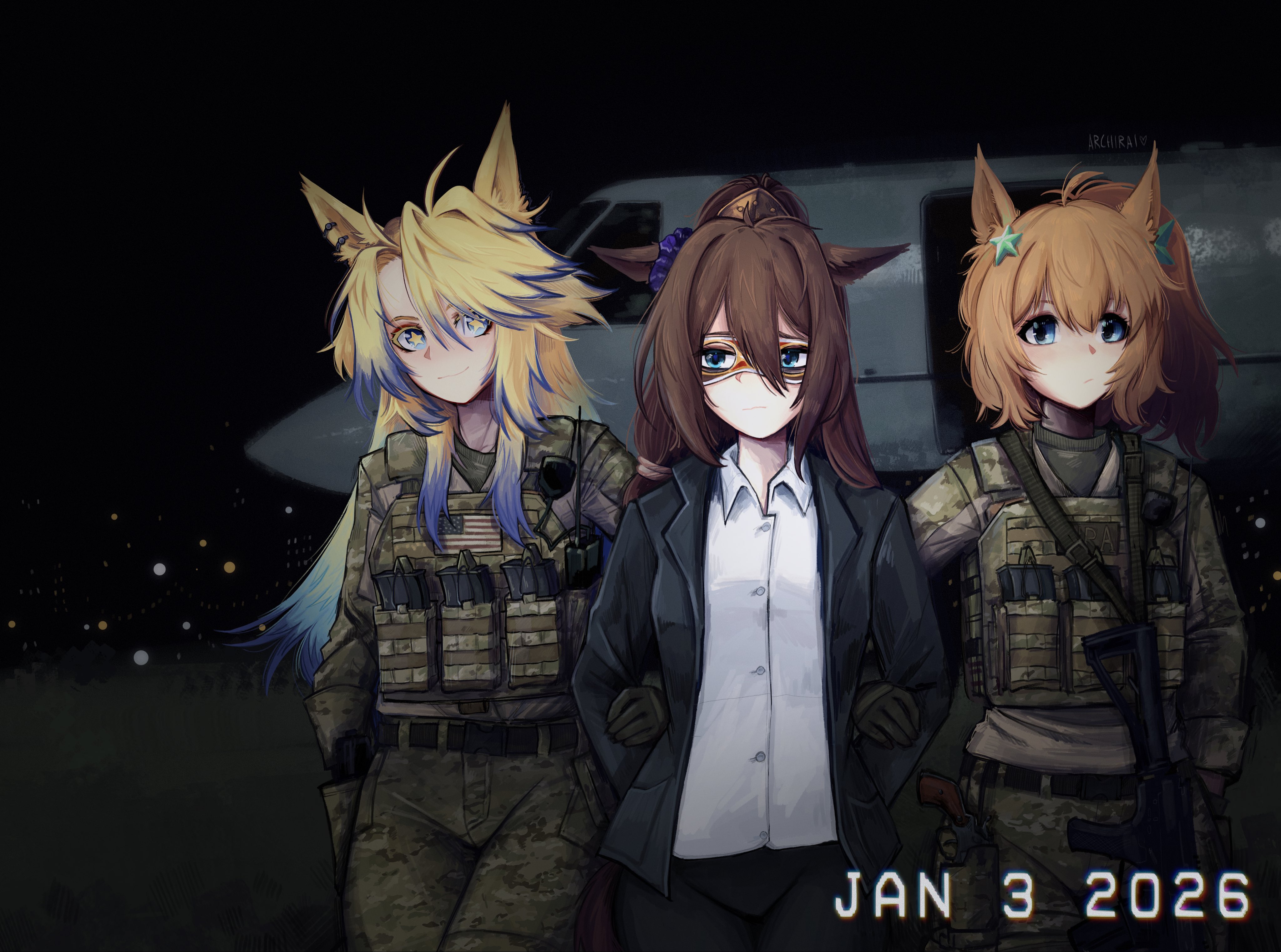 archirai, el condor pasa (umamusume), nicolas maduro, obey your master (umamusume), taiki shuttle (umamusume), real life, umamusume, umamusume: cinderella gray, united states army, absurdres, commentary, english commentary, highres, 3girls, :/, aircraft, airplane, american flag, animal ears, black gloves, black jacket, blonde hair, blue eyes, blue hair, blue scrunchie, brown hair, bulletproof vest, camouflage, camouflage jacket, camouflage pants, closed mouth, collared shirt, cosplay, domino mask, dress shirt, ear scrunchie, ears down, eye mask, formal clothes, frown, gloves, gradient hair, hair ornament, horse ears, horse girl, jacket, long hair, mask, military uniform, multicolored hair, multiple girls, nicolas maduro (cosplay), open clothes, open jacket, orange hair, pants, ponytail, scrunchie, shirt, smile, star-shaped pupils, star (symbol), star hair ornament, suit, symbol-shaped pupils, white shirt