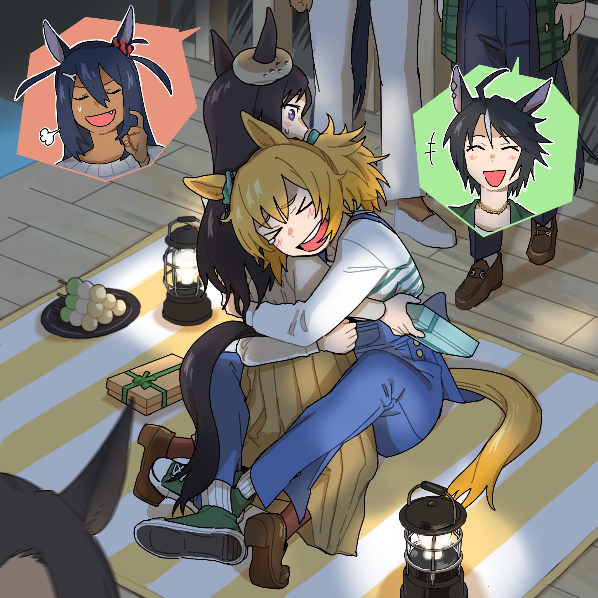 fuji kiseki (umamusume), hishi amazon (umamusume), mejiro dober (umamusume), taiki shuttle (umamusume), umamusume, commentary request, highres, > <, +++, 4girls, :d, alternate costume, animal ears, black hair, blonde hair, blue overalls, blurry, blurry foreground, box, brown hair, casual, closed eyes, dango, dark-skinned female, dark skin, fang, food, furrowed brow, gift, gift box, grey hair, happy, holding, holding box, holding gift, horse ears, horse girl, horse tail, ike (user hmra7432), kneeling, lamp, long hair, long sleeves, looking at another, multicolored hair, multiple girls, open mouth, overalls, pants, puff of air, sanshoku dango, shoes, sitting, skewer, smile, standing, sweater, tail, tearing up, two-tone hair, wagashi, xd