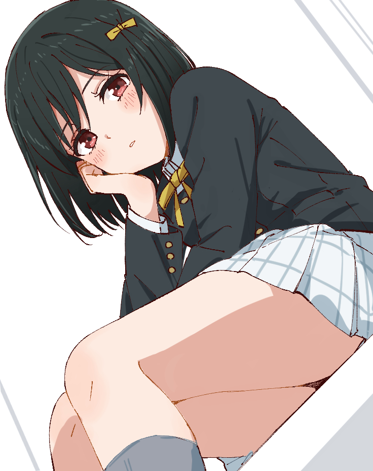 skt (ryxxxxx), mifune shioriko, love live!, love live! nijigasaki high school idol club, 1girl, black hair, black jacket, blush, closed mouth, collared shirt, from below, hair ribbon, head on hand, jacket, long sleeves, looking at viewer, miniskirt, neck ribbon, nijigasaki school uniform, plaid clothes, plaid skirt, pleated skirt, red eyes, ribbon, school uniform, shirt, short hair, sitting, skirt, solo, thighs, white shirt, white skirt, winter uniform, yellow ribbon