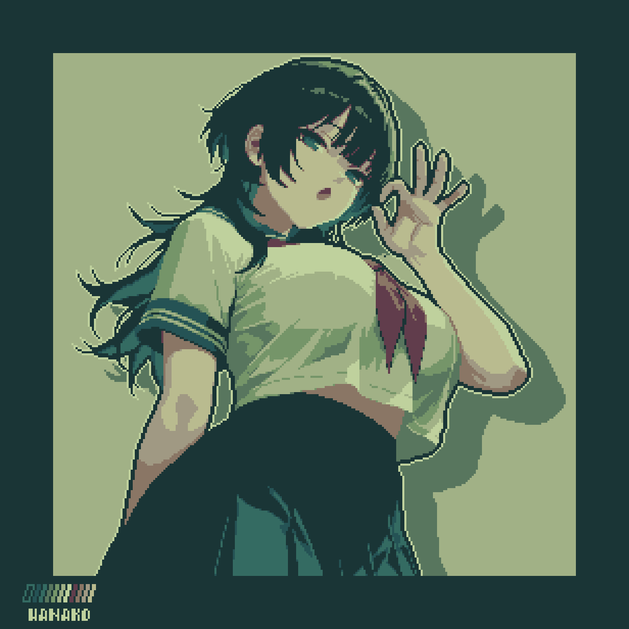 specialhanako, original, highres, 1girl, artist name, black hair, blue serafuku, blue skirt, blunt bangs, breasts, collared shirt, hair over shoulder, large breasts, long hair, neckerchief, open mouth, oral invitation, pixel art, pleated skirt, red neckerchief, sailor collar, school uniform, serafuku, shirt, shirt overhang, short sleeves, sidelocks, skirt, white shirt, wolf cut