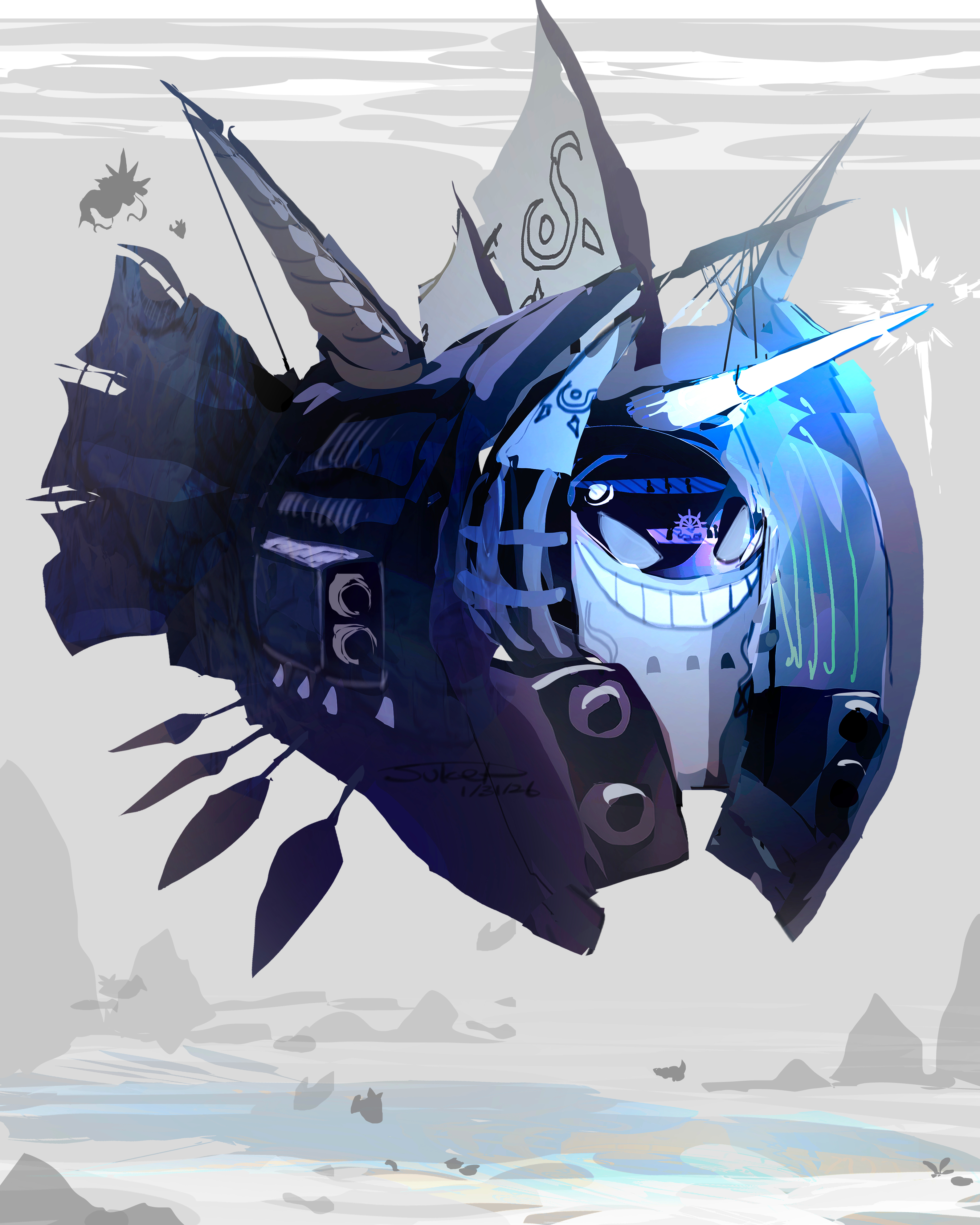 sukepmonster, cloyster, gyarados, nintendo, pokemon, absurdres, highres, alternate form, cannon, gen 1 pokemon, glowing horns, grey background, horns, no humans, oar, pokemon (creature), sail, silhouette, submarine, underwater, watercraft