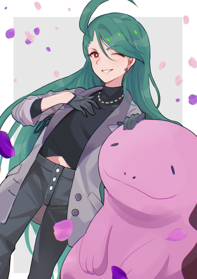 mizuiro123, quagsire, rika (palentine's 2026) (pokemon), rika (pokemon), nintendo, pokemon, pokemon masters ex, commentary request, 1girl, alternate color, black gloves, black pants, black shirt, blush, closed eyes, closed mouth, clothing cutout, earrings, eyewear in pocket, gen 2 pokemon, gloves, green hair, grey jacket, jacket, jewelry, long hair, looking at viewer, midriff, navel, necklace, nostrils, official alternate costume, official alternate hairstyle, one eye closed, pants, parted lips, petals, red eyes, shiny pokemon, shirt, smile, stomach cutout, unworn eyewear, very long hair