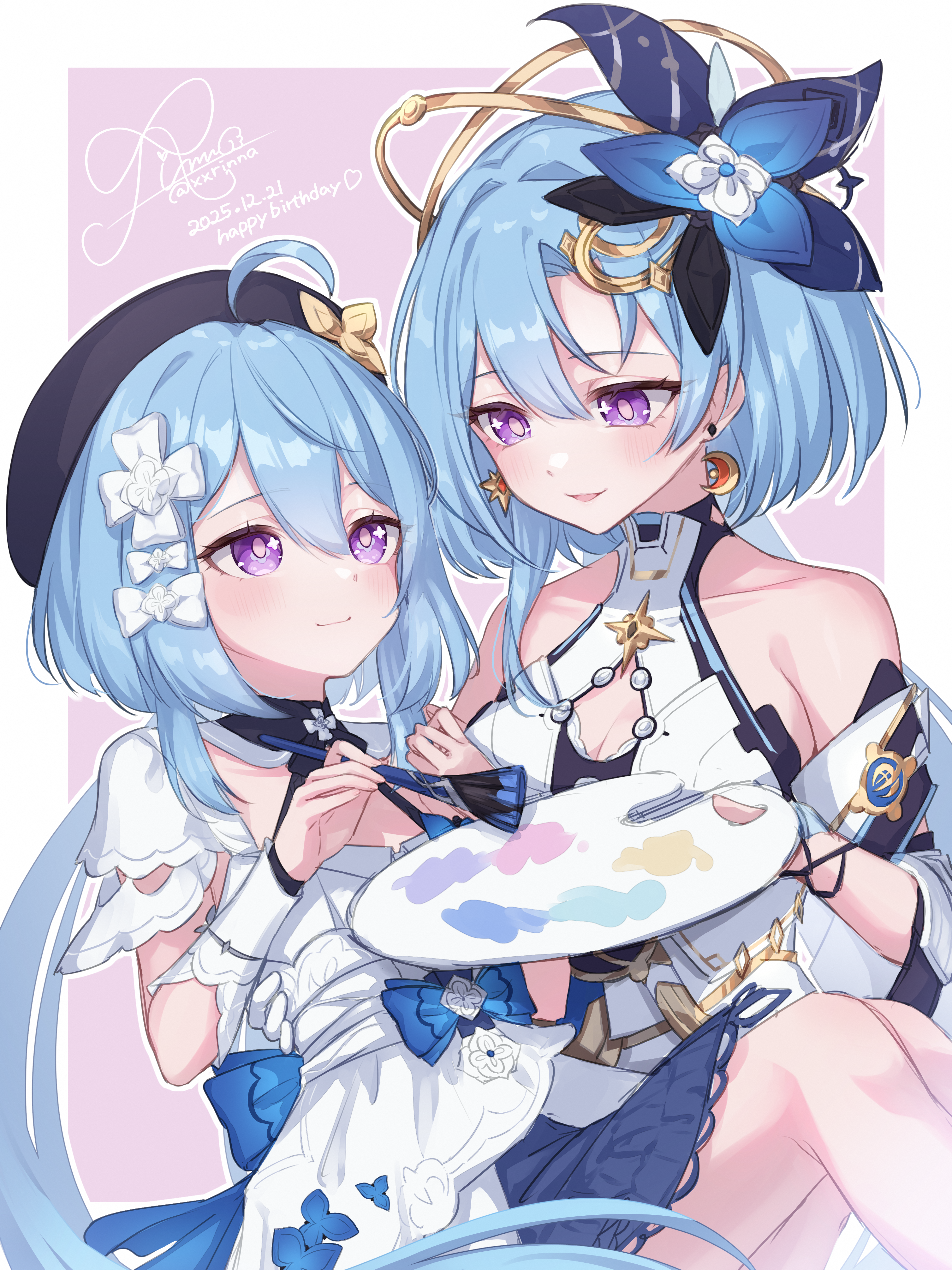 rinna (xxrinna), griseo, griseo (cosmic expression), griseo (starry impression), honkai (series), honkai impact 3rd, absurdres, commentary request, highres, 2girls, ahoge, bare shoulders, beret, blue hair, border, breasts, cleavage cutout, clothing cutout, crescent, crescent earrings, dress, dual persona, earrings, flower, hair flower, hair ornament, hat, holding, holding paint palette, holding paintbrush, jewelry, large breasts, long hair, looking at another, medium breasts, multiple girls, paint palette, paintbrush, purple background, purple eyes, smile, time paradox, very long hair, white border, white dress