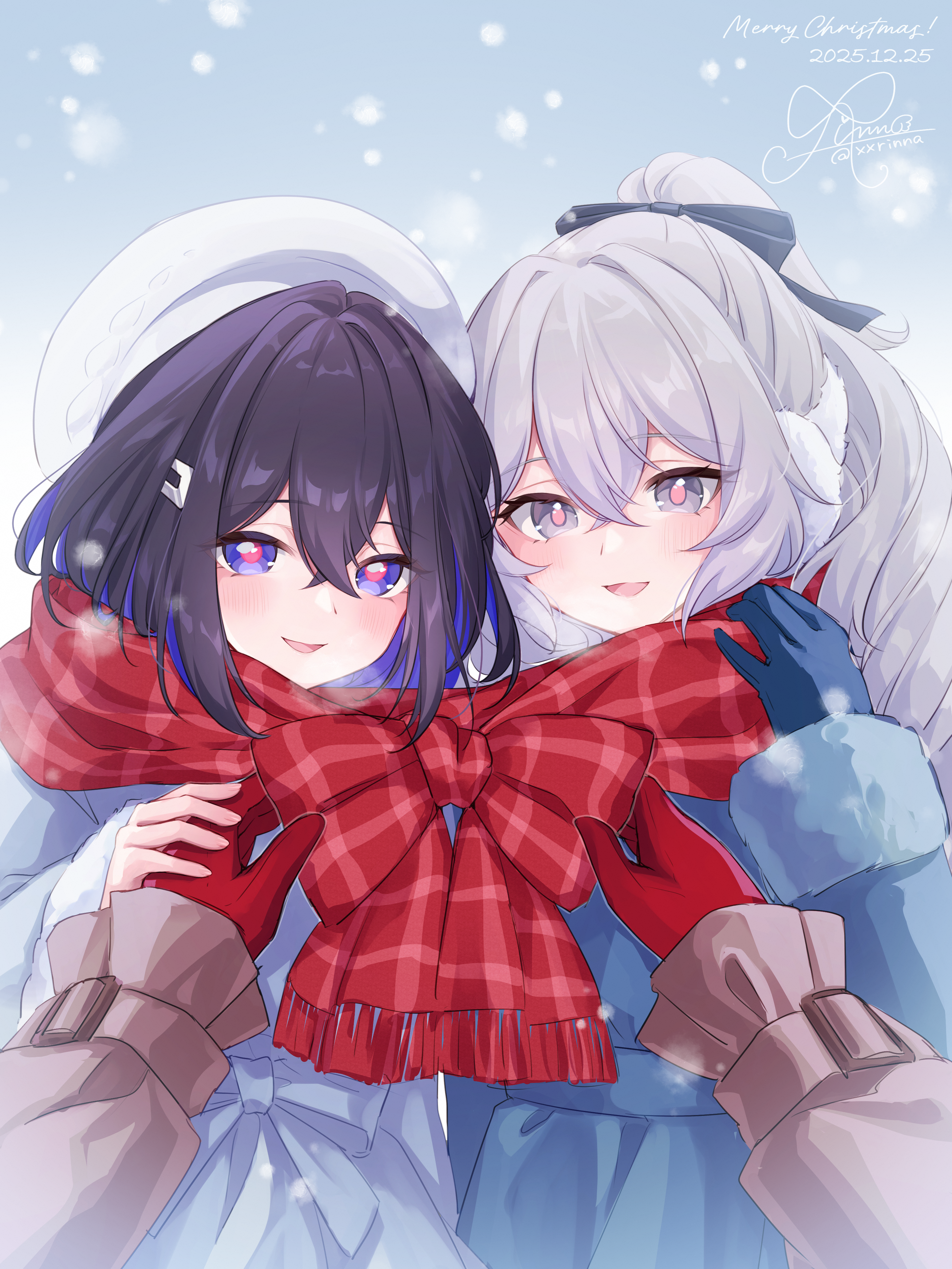 rinna (xxrinna), bronya zaychik, bronya zaychik (silverwing: n-ex), seele vollerei, seele vollerei (apho), honkai (series), honkai impact 3rd, absurdres, commentary request, highres, 2girls, :d, black hair, blue coat, blue eyes, bow, coat, colored inner hair, drill hair, english text, gloves, grey eyes, grey hair, hair between eyes, hair ornament, hair ribbon, hairclip, hat, jacket, long hair, long sleeves, looking at viewer, multicolored hair, multiple girls, open mouth, pink pupils, ribbon, scarf, scarf bow, smile, snowing, winter clothes