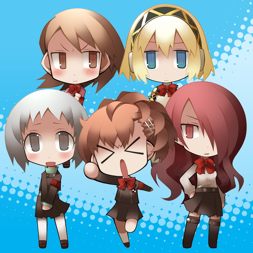 watabow, aigis (persona), kirijou mitsuru, shiomi kotone, takeba yukari, yamagishi fuuka, atlus, persona, persona 3, persona 3 portable, > <, 5girls, blonde hair, blue eyes, bow, brown eyes, brown hair, closed eyes, hair ornament, hairpin, kneehighs, long hair, multiple girls, pantyhose, red eyes, red hair, ribbon, school uniform, short hair, skirt, socks