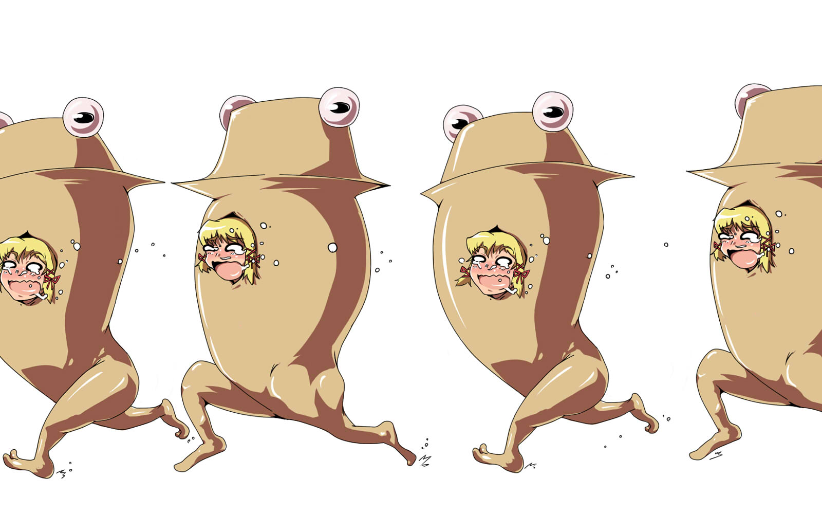 abiko zyozi, moriya suwako, pyonta, touhou, bad id, bad pixiv id, highres, 1girl, blonde hair, drooling, female focus, hat, legs, multiple views, running, saliva, simple background, snot, tears, what, white background