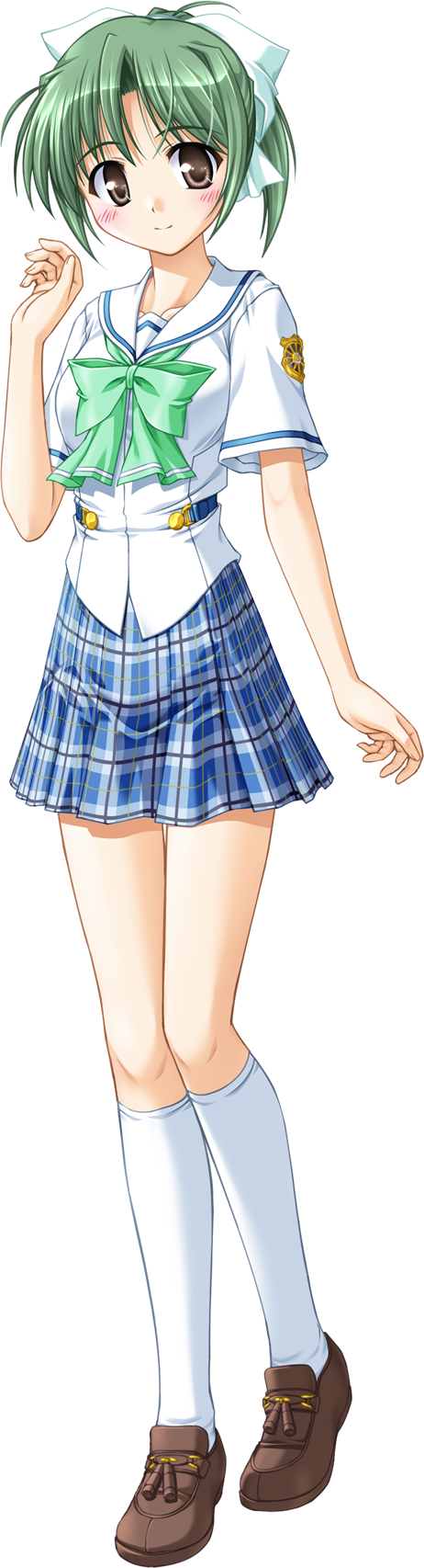 bekkankou, tooyama midori, yoake mae yori ruri iro na, highres, official art, 1girl, female focus, full body, green hair, legs, school uniform, short hair, simple background, skirt, solo, standing, transparent background