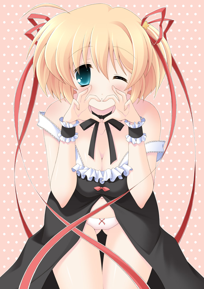 hisane, kamikita komari, little busters!, bad id, bad pixiv id, 1girl, blonde hair, bow, bow panties, breasts, cleavage, female focus, four-finger heart hands, green eyes, heart, heart hands, one eye closed, panties, short hair, solo, underwear, white panties, wink