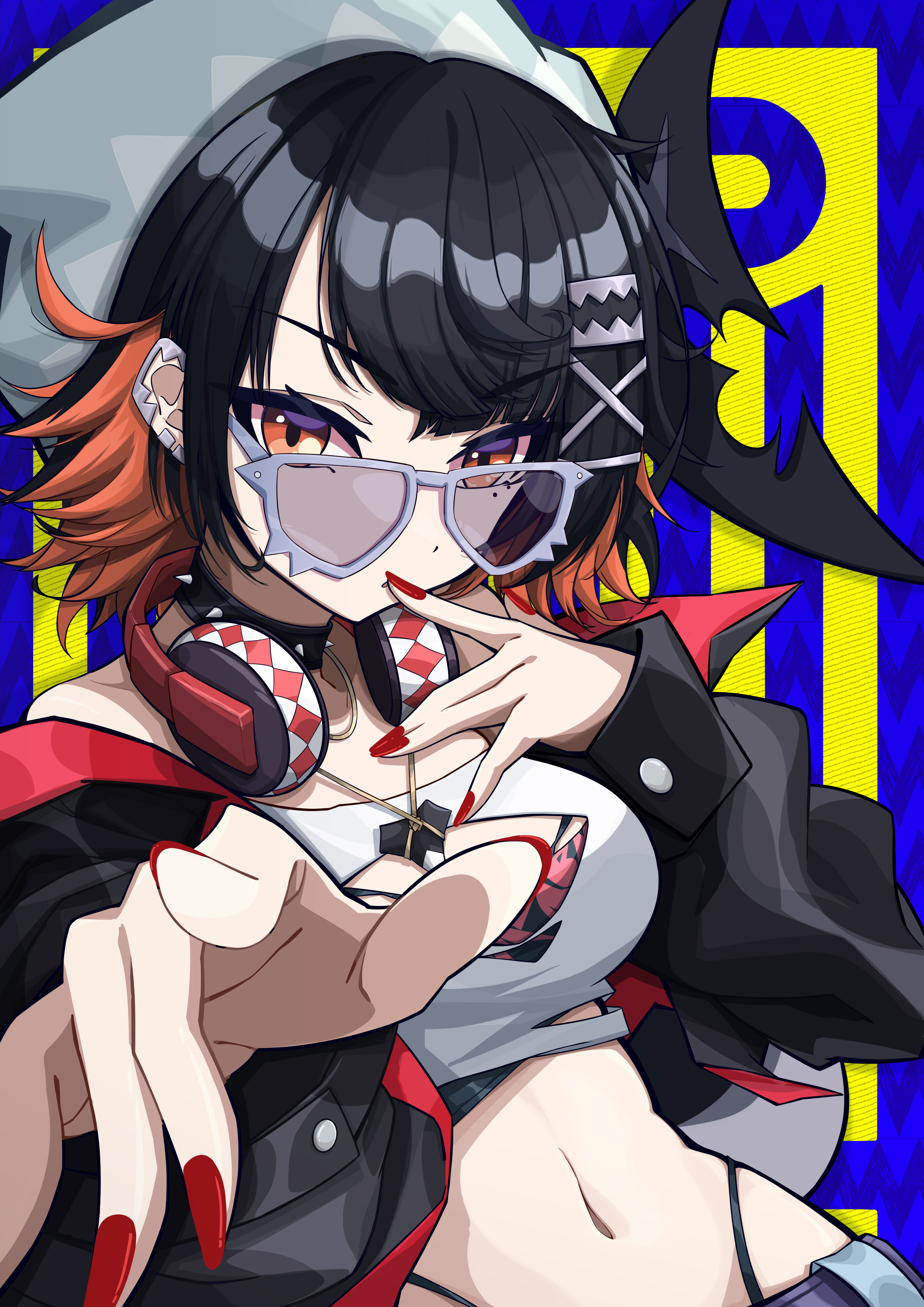 mutsu aya, ellen joe, zenless zone zero, absurdres, commentary request, highres, 1girl, alternate costume, beanie, black hair, black jacket, blue background, blue hat, breasts, cleavage cutout, clothing cutout, collar, collarbone, colored inner hair, covering own mouth, crop top, earclip, fingernails, fins, fish tail, hat, headphones, headphones around neck, jacket, jewelry, looking at viewer, looking over eyewear, medium breasts, midriff, mole, mole under eye, multicolored hair, navel, necklace, razor blade hair ornament, red eyes, red nails, scar, scar on tail, shark girl, shark tail, shirt, short hair, solo, spiked collar, spikes, sunglasses, tail, upper body, white-framed eyewear, white shirt