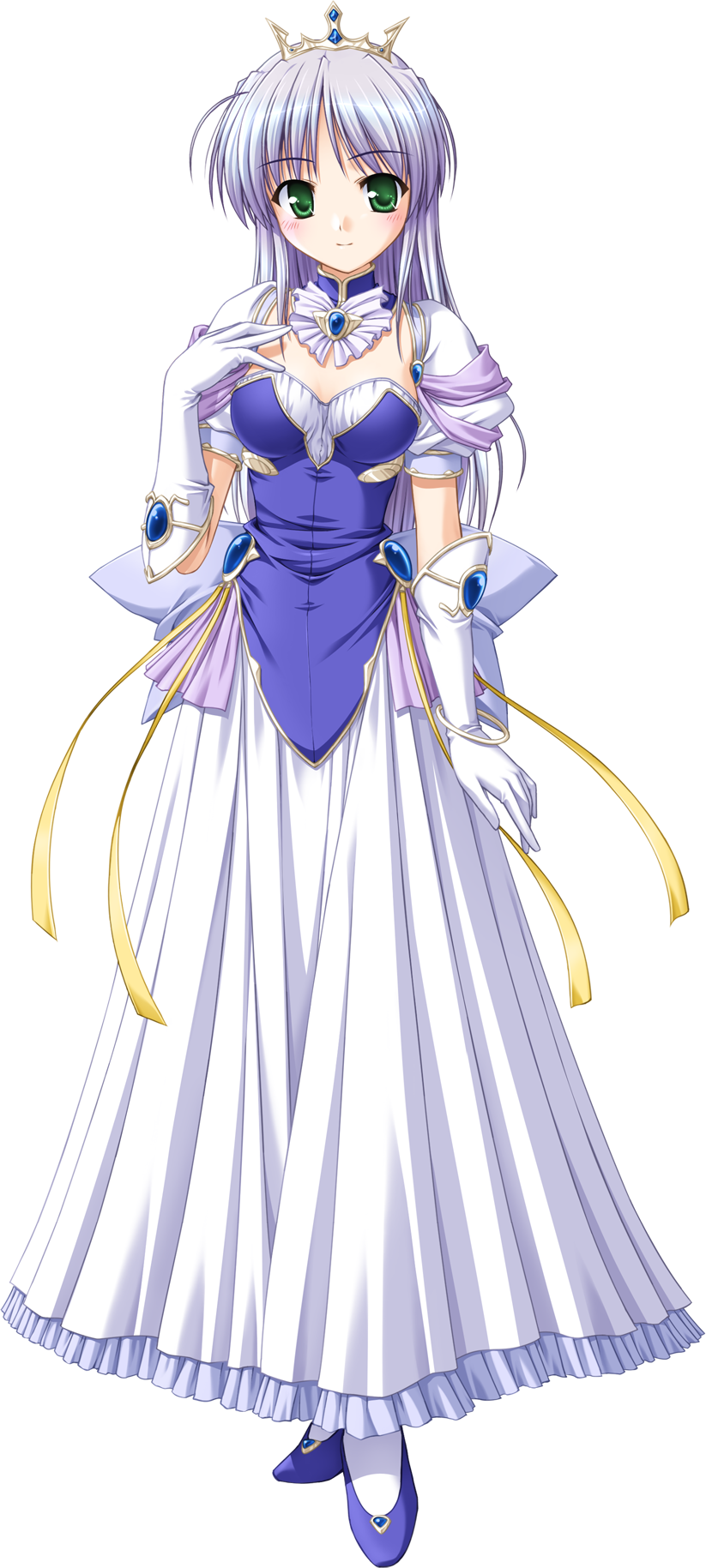 bekkankou, feena fam earthlight, yoake mae yori ruri iro na, highres, official art, 1girl, choker, crown, dress, female focus, full body, gown, green eyes, jewelry, long hair, princess, ribbon, shoes, simple background, solo, standing, transparent background