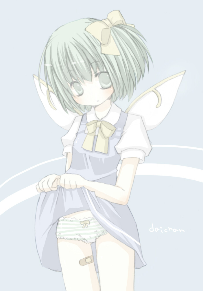 ichigomilk7, daiyousei, embodiment of scarlet devil, touhou, bad id, bad pixiv id, 1girl, bandages, bow, bow panties, daiyousi, female focus, green hair, hair ribbon, panties, ribbon, short hair, solo, striped clothes, striped panties, underwear, wings, wins