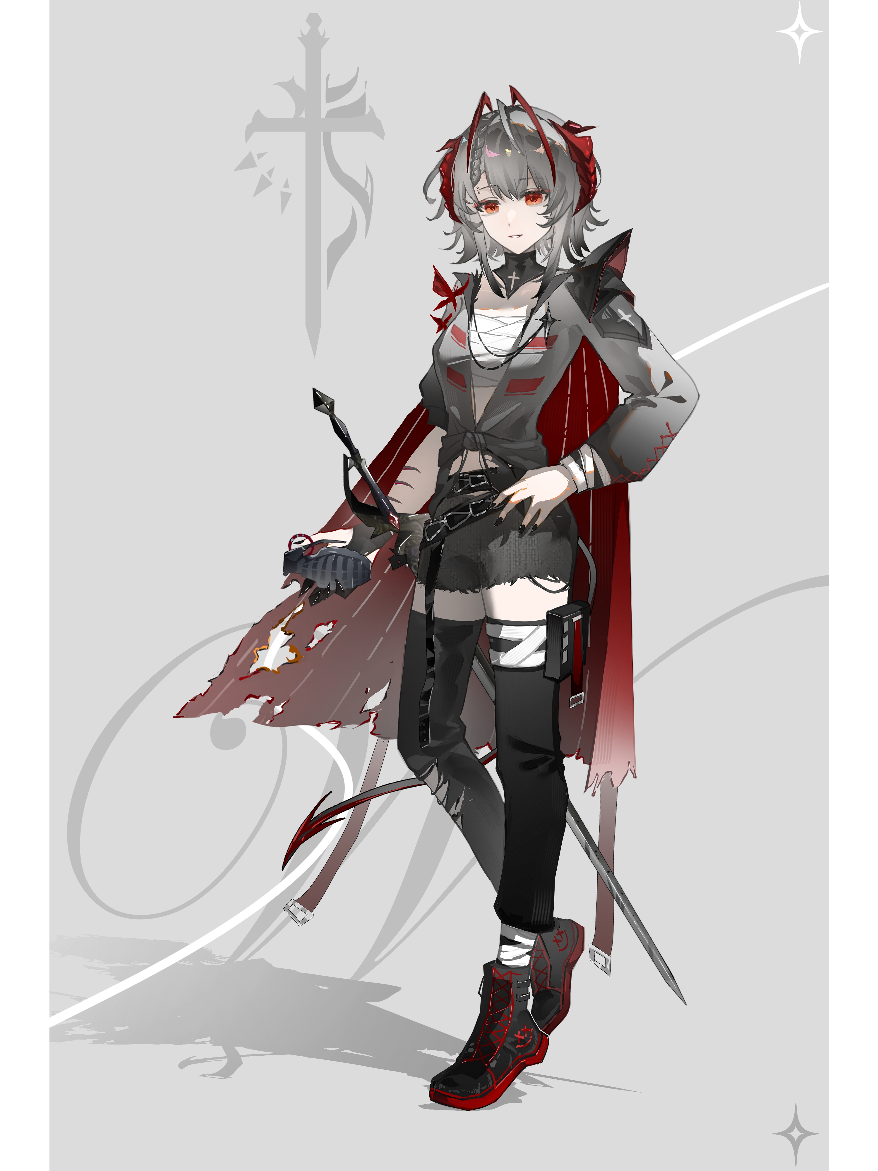 w (arknights), arknights, absurdres, highres, 1girl, adapted costume, antenna hair, belt, black belt, black nails, black pants, black shorts, braid, braided bangs, cape, center-flap bangs, chest sarashi, demon horns, demon tail, detached collar, detached pants, explosive, eyebrow piercing, face piercing, full body, grenade, grey background, grey hair, grey shirt, hand on own hip, holding, holding grenade, holster, horns, jiu yi wu, long sleeves, looking at viewer, multicolored hair, pants, piercing, pillarboxed, red cape, red eyes, red horns, red shoes, sarashi, shirt, shoes, short hair, shorts, sneakers, solo, sparkle, strap, tail, thigh holster, tied shirt, torn clothes, torn shorts