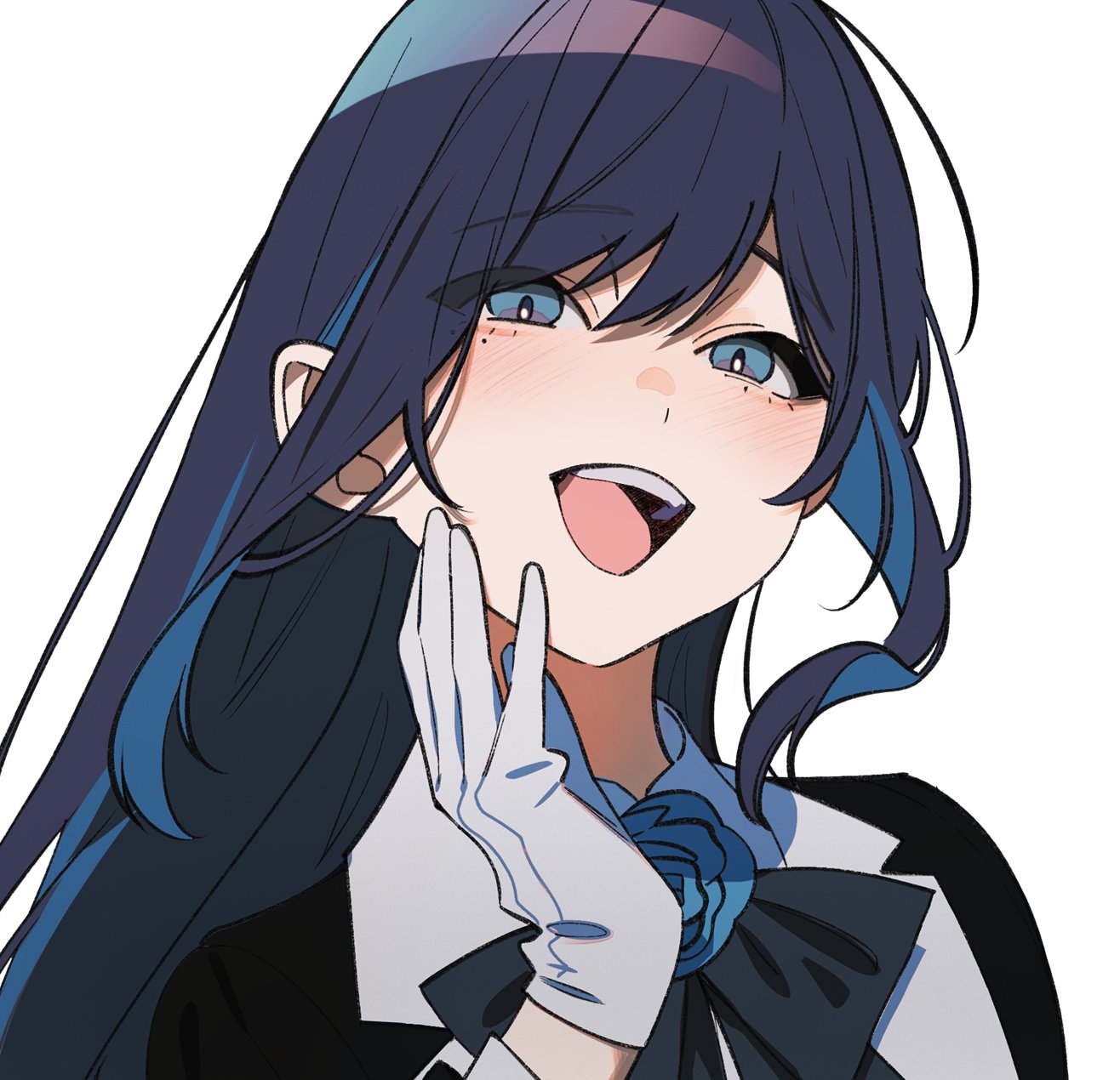 riseno, chando (ado), ado (utaite), commentary request, highres, 1girl, blue eyes, blue hair, blush, chandelier, closed mouth, colored inner hair, gloves, hand up, long hair, looking at viewer, mole, mole under eye, multicolored hair, open mouth, portrait, sidelocks, simple background, solo, teeth, upper teeth only, utaite, white background, white gloves