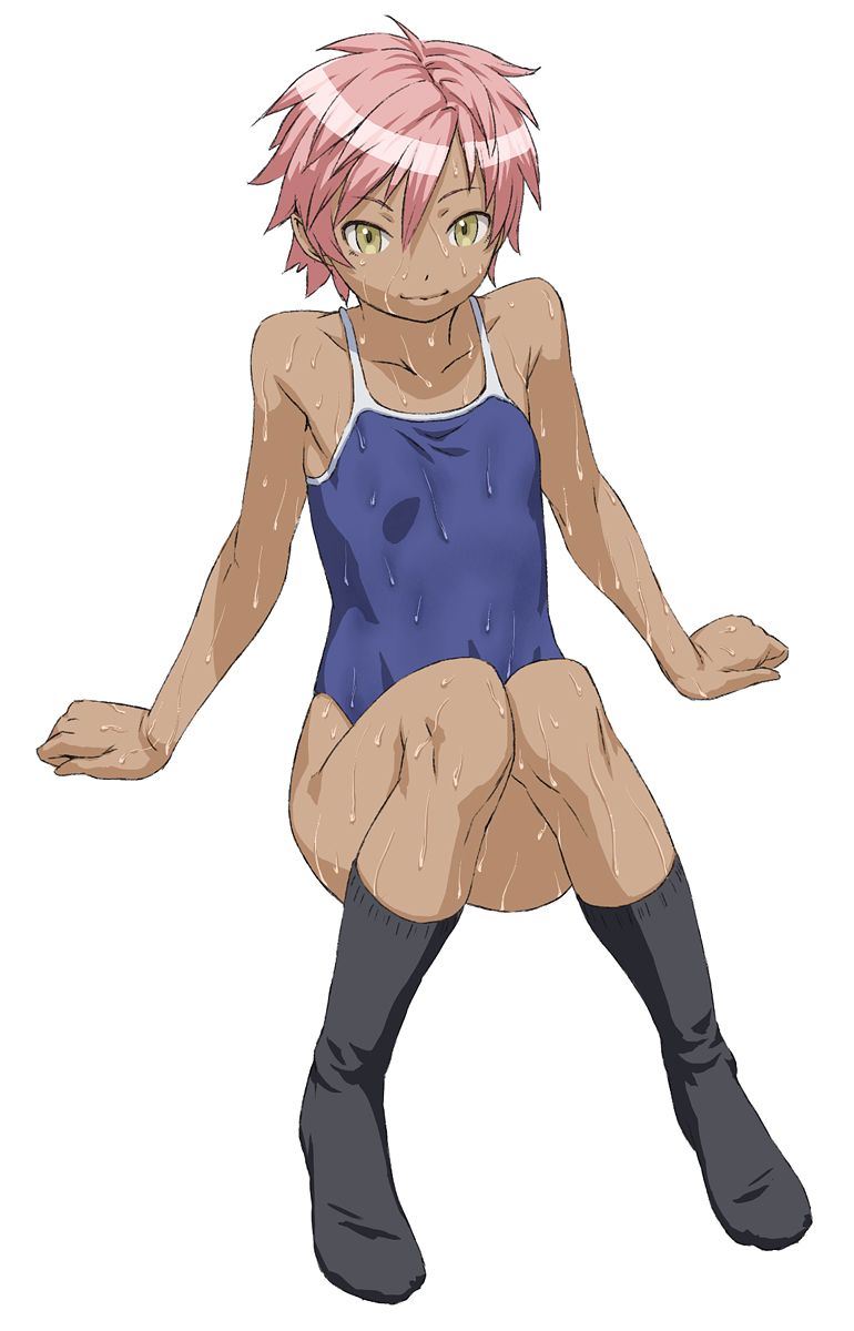 chyko, original, bad id, bad pixiv id, highres, 1girl, dark-skinned female, dark skin, female focus, flat chest, one-piece swimsuit, pink hair, short hair, socks, solo, sweat, swimsuit, tan, wet, yellow eyes