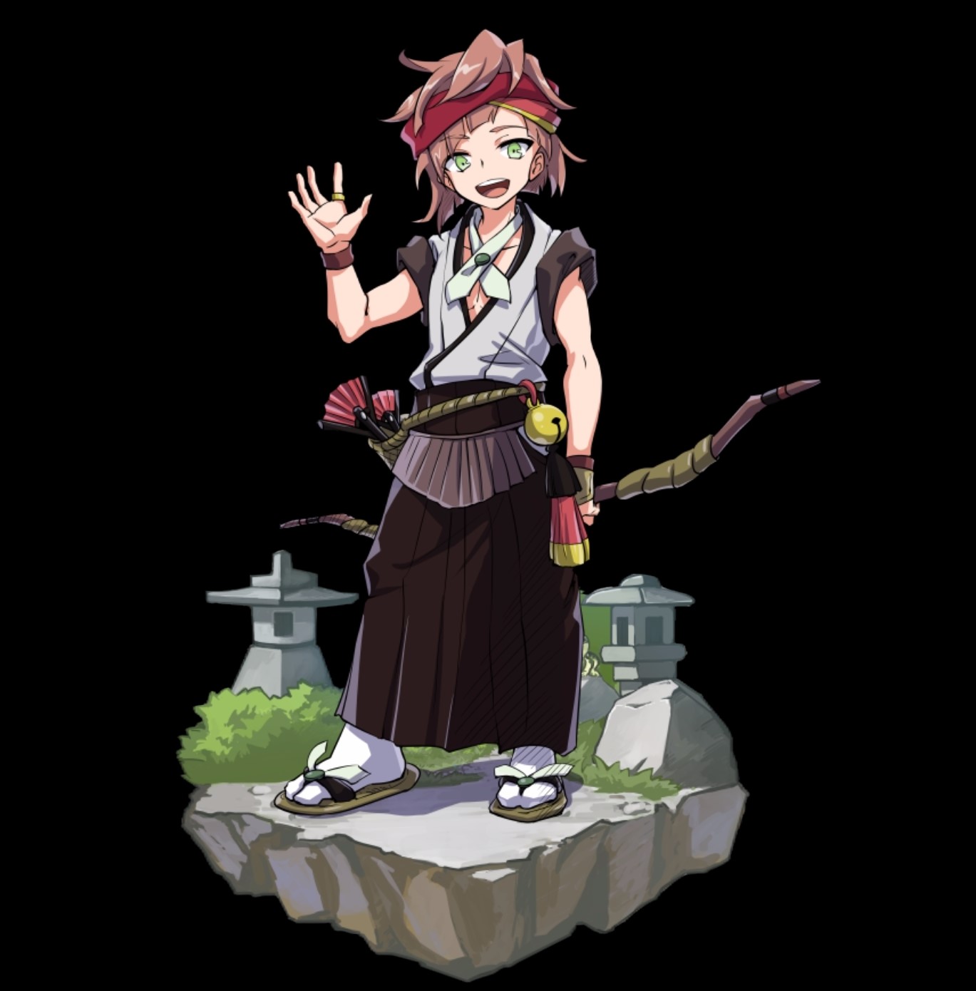 merc storia art team, merc storia, highres, official art, 1boy, bell, black background, black hakama, bow (weapon), brown hair, collarbone, full body, green eyes, hairband, hakama, hakama skirt, hand up, hibuki (merc storia), holding, holding bow (weapon), holding weapon, japanese clothes, jewelry, kimono, open hand, open mouth, quiver, red hairband, ring, short hair, simple background, skirt, sleeves rolled up, smile, socks, solo, spread fingers, standing, tachi-e, teeth, upper teeth only, waraji, weapon, white kimono, white socks