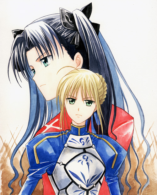 agahari, artoria pendragon (fate), saber (fate), tohsaka rin, fate/stay night, fate (series), 2girls, ahoge, armor, black hair, blonde hair, bow, green eyes, hair bow, hair ribbon, long hair, multiple girls, ribbon