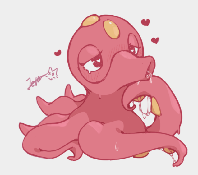 fu li jiang, octillery, nintendo, pokemon, animal focus, animal sexualization, artist name, black eyes, blush, bright pupils, drooling, full body, gen 2 pokemon, grey background, half-closed eyes, hand on own chin, heart, heart-shaped pupils, looking afar, no humans, nose blush, octopus, open mouth, pokemon (creature), saliva, signature, simple background, solo, sweat, symbol-shaped pupils, tentacles, white pupils