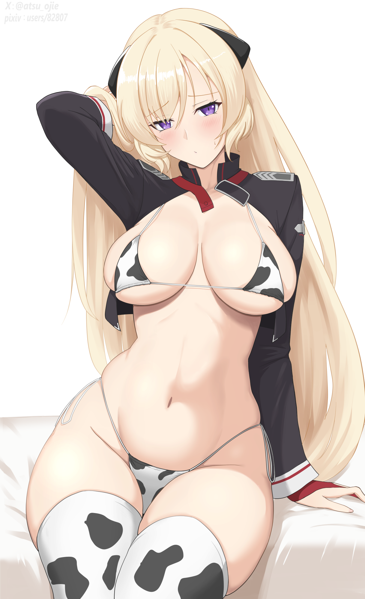 sumi ojie, g3 (girls' frontline), girls' frontline, highres, 1girl, :/, animal print, arm behind head, bikini, black shrug, blonde hair, blush, breasts, breasts apart, cow print, cow print bikini, embarrassed, highleg, highleg bikini, hip focus, large breasts, legs together, long hair, long sleeves, looking at viewer, navel, nervous, on bed, print bikini, purple eyes, shrug (clothing), sitting, solo, stomach, swimsuit, thighs, very long hair