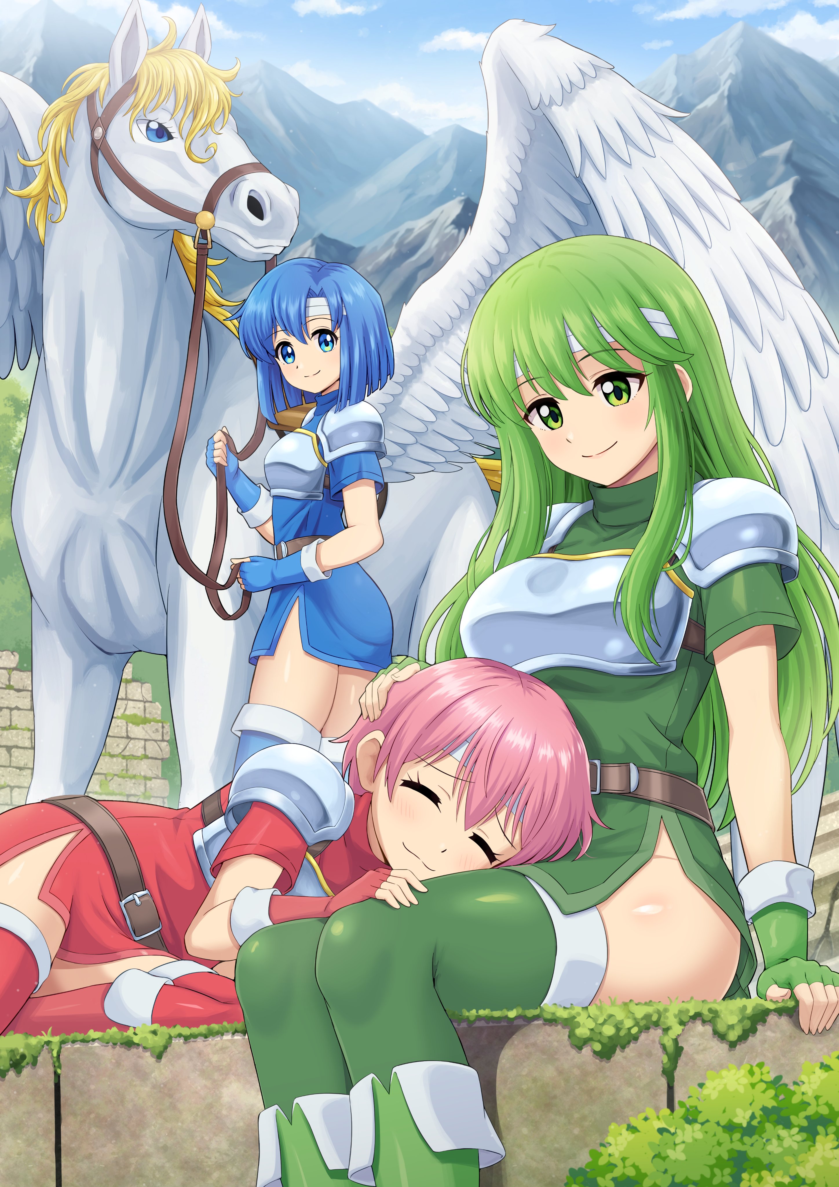 pokemoa, catria (fire emblem), est (fire emblem), palla (fire emblem), fire emblem, fire emblem: mystery of the emblem, nintendo, absurdres, commentary request, commission, highres, skeb commission, 3girls, :3, armor, belt, blue boots, blue dress, blue eyes, blue gloves, blue hair, blue thighhighs, blush, boots, breastplate, breasts, brown belt, closed eyes, closed mouth, dress, fingerless gloves, gloves, green boots, green dress, green eyes, green gloves, green hair, green thighhighs, hand on another's head, headband, holding, holding reins, lap pillow, large breasts, long hair, lying, medium breasts, mountain, multiple girls, on side, outdoors, pegasus, pink hair, red boots, red dress, red gloves, red thighhighs, reins, short hair, short sleeves, shoulder armor, siblings, side slit, sidelocks, sisters, sitting, smile, standing, thighhighs, thighs, white headband