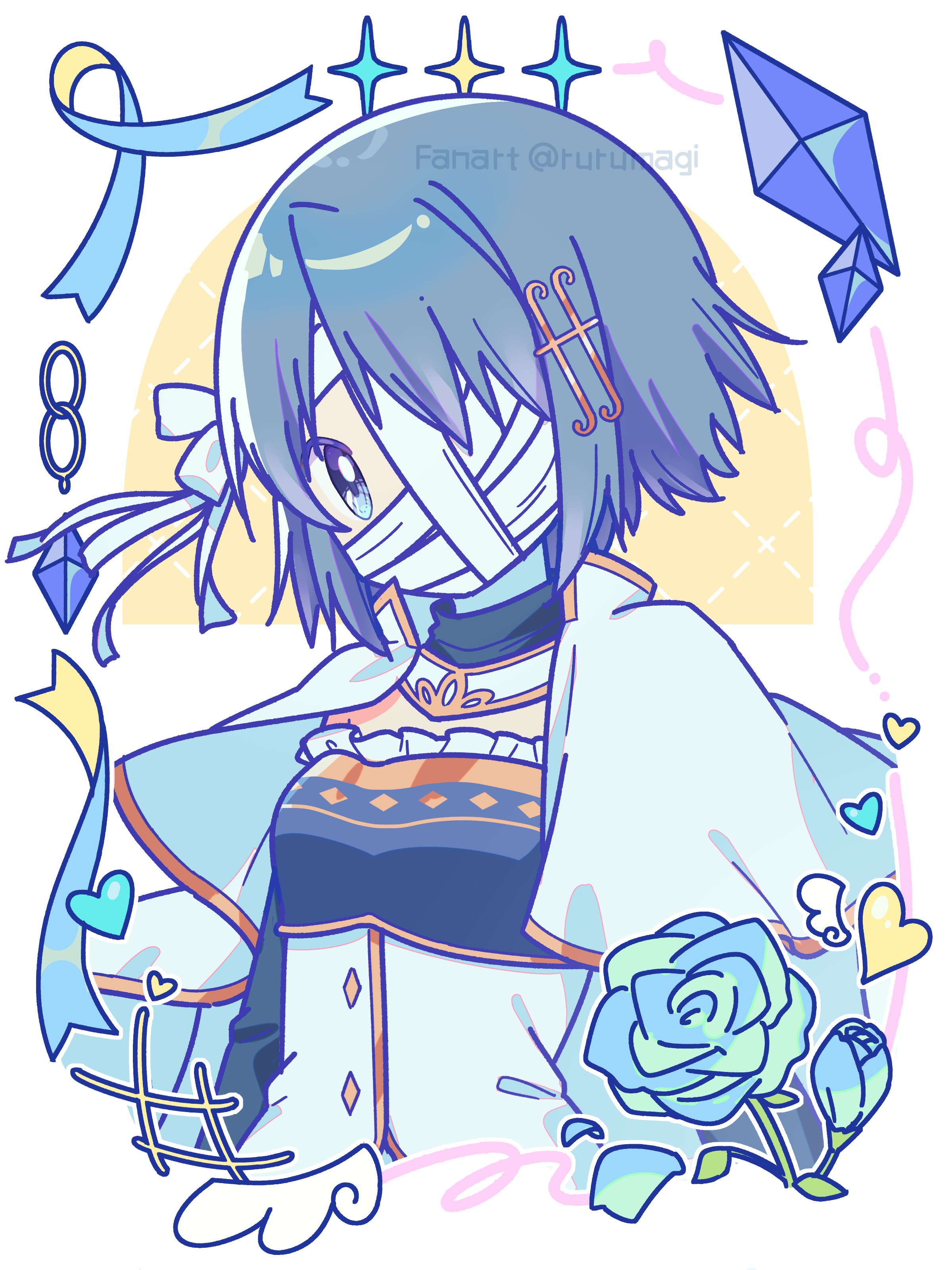 ruru (rurumagi), miki sayaka, miki sayaka (magical girl), mahou shoujo madoka magica, mahou shoujo madoka magica (anime), absurdres, commentary request, highres, 1girl, bandaged head, bandages, blue eyes, blue flower, blue hair, blue rose, blue shirt, breasts, cape, flower, fortissimo, hair ornament, heart, looking at viewer, magical girl, musical note, musical note hair ornament, rose, shirt, short hair, small breasts, solo, twitter username, upper body, white cape