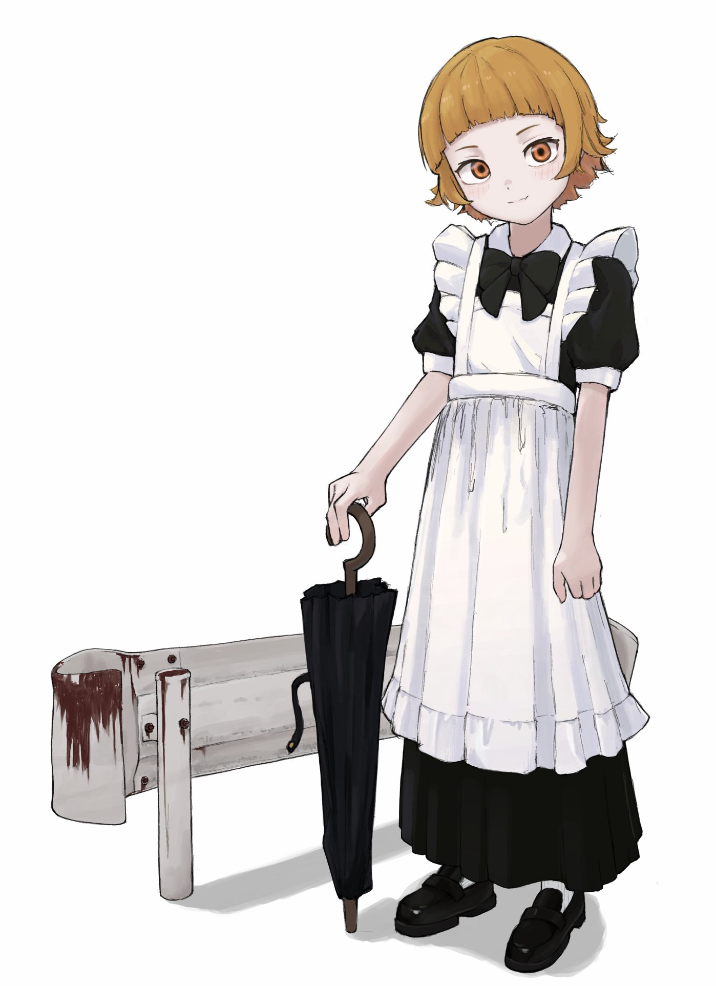 kiss-shot acerola-orion heart-under-blade, kiss-shot acerola-orion heart-under-blade (small), oshino shinobu, monogatari (series), highres, 1girl, apron, apron grab, arched bangs, arms at sides, black bow, black bowtie, black dress, black shoes, black umbrella, blonde hair, bow, bowtie, closed mouth, closed umbrella, clothes grab, collared dress, densi ronto, dot nose, dress, flat chest, frilled straps, full body, guard rail, hair flaps, holding, holding umbrella, light blush, loafers, long dress, looking at viewer, maid, maid apron, orange eyes, planted, planted umbrella, puffy short sleeves, puffy sleeves, shadow, shoes, short hair, short sleeves, sidelocks, simple background, smile, socks, solo, standing, umbrella, white apron, white background, white socks