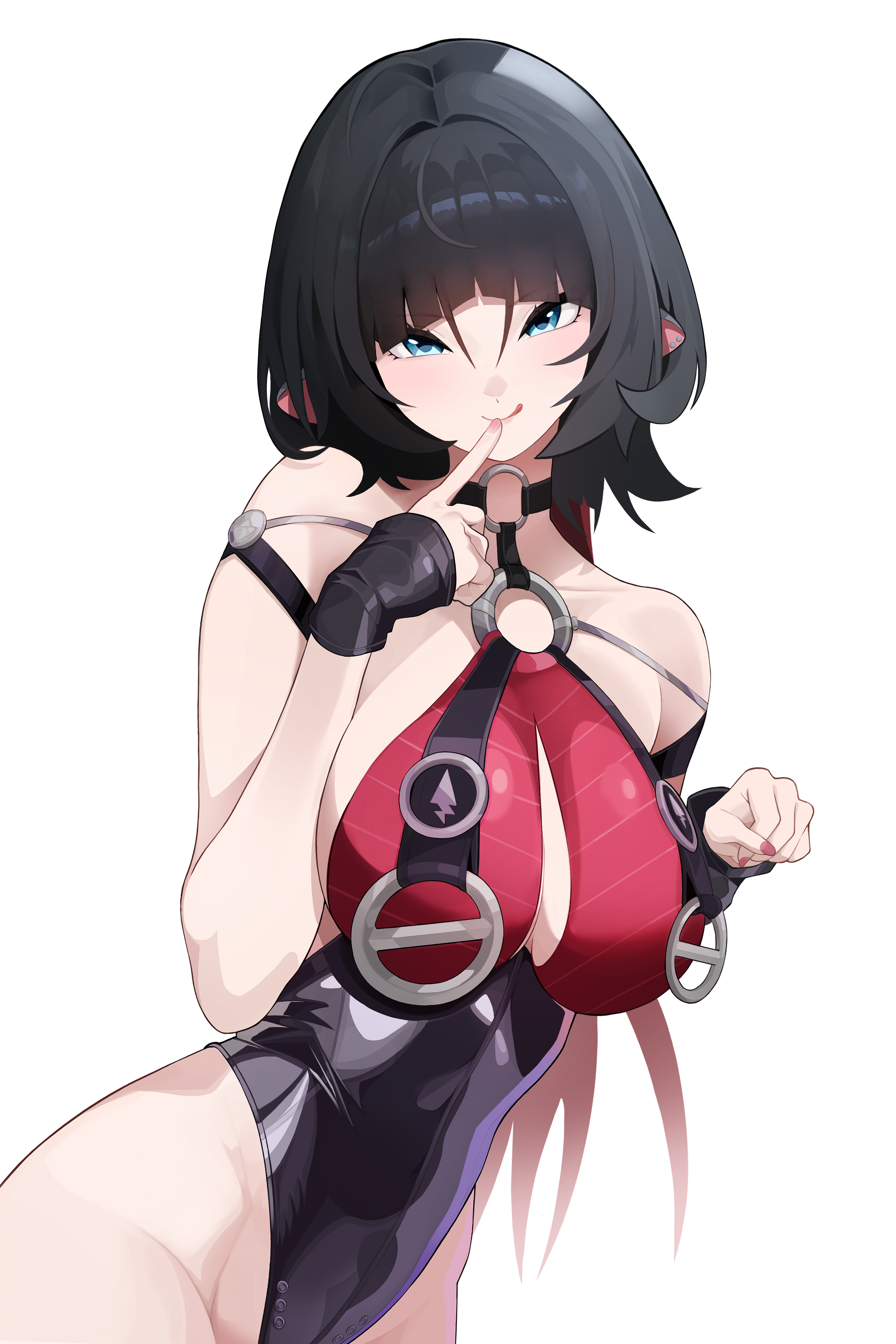 heut, jane doe (nocturne of light) (zenless zone zero), jane doe (zenless zone zero), zenless zone zero, absurdres, commentary, english commentary, highres, animal ears, bare shoulders, black hair, black one-piece swimsuit, blue eyes, breast curtains, breasts, choker, collarbone, earrings, finger to mouth, jewelry, large breasts, leather leotard, licking lips, long hair, looking at viewer, mouse ears, mouse girl, multicolored hair, o-ring, o-ring choker, o-ring swimsuit, official alternate costume, one-piece swimsuit, pink nails, red hair, red one-piece swimsuit, simple background, swimsuit, tongue, tongue out, two-tone one-piece swimsuit, white background