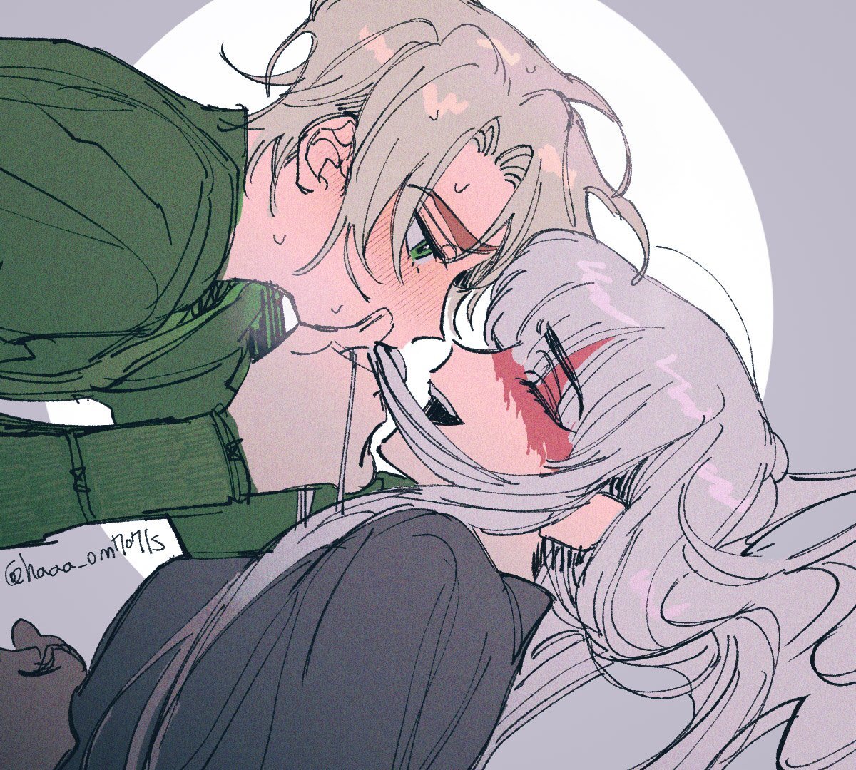 haaa om007ls, harumi (ninjago), lloyd garmadon, ninjago, the lego group, commentary request, korean commentary, 1boy, 1girl, ^ ^, animification, arm support, artist name, blonde hair, blush, closed eyes, dougi, eyes visible through hair, facing another, gloves, green dougi, green eyes, grey gloves, grey hair, hetero, holding another's hair, kissing hair, long hair, long sleeves, looking at another, lying, on back, open mouth, red facepaint, short hair, sidelocks, simple background, smile, sweat, twitter username