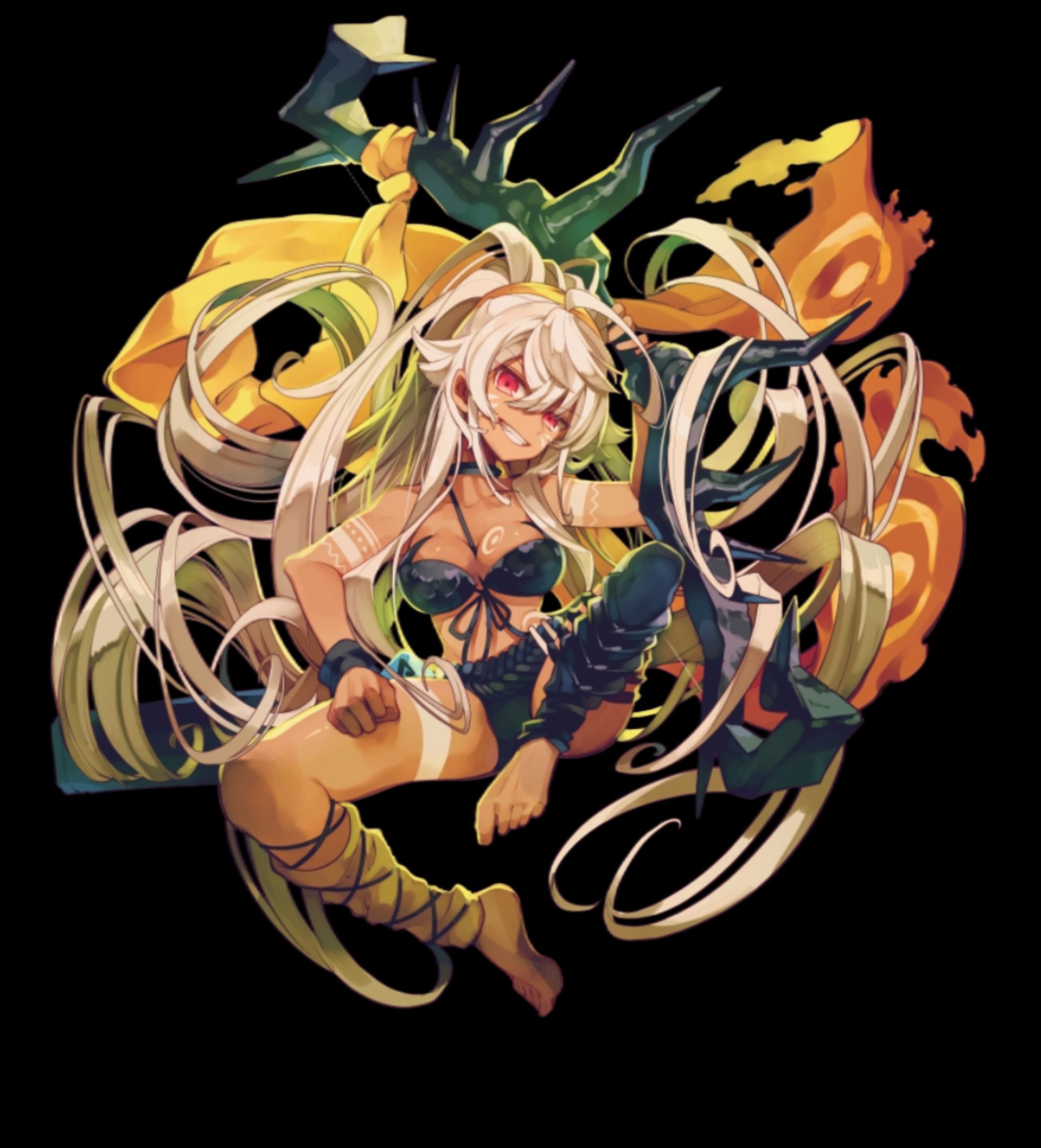 merc storia art team, merc storia, highres, official art, 1girl, barefoot, bikini, black background, black bikini, bodypaint, bow (weapon), breasts, cleavage, clenched teeth, dark-skinned female, dark skin, facepaint, full body, hair between eyes, head tilt, holding, holding bow (weapon), holding weapon, knee guards, large breasts, leg warmers, long hair, long sidelocks, ponytail, red eyes, sacula (merc storia), sash, sidelocks, simple background, smile, solo, swimsuit, tachi-e, teeth, tsurime, very long hair, weapon, white hair, yellow sash