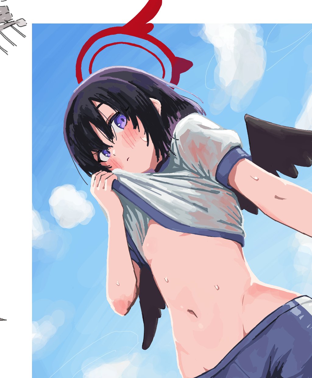 ponporu, mashiro (blue archive), blue archive, highres, 1girl, black hair, black wings, blue buruma, blue sky, blush, border, buruma, clothes lift, feathered wings, groin, gym shirt, gym uniform, halo, heavy breathing, navel, no bra, purple eyes, red halo, shirt, shirt lift, short hair, short sleeves, sky, solo, stomach, sweat, white border, white shirt, winged halo, wings