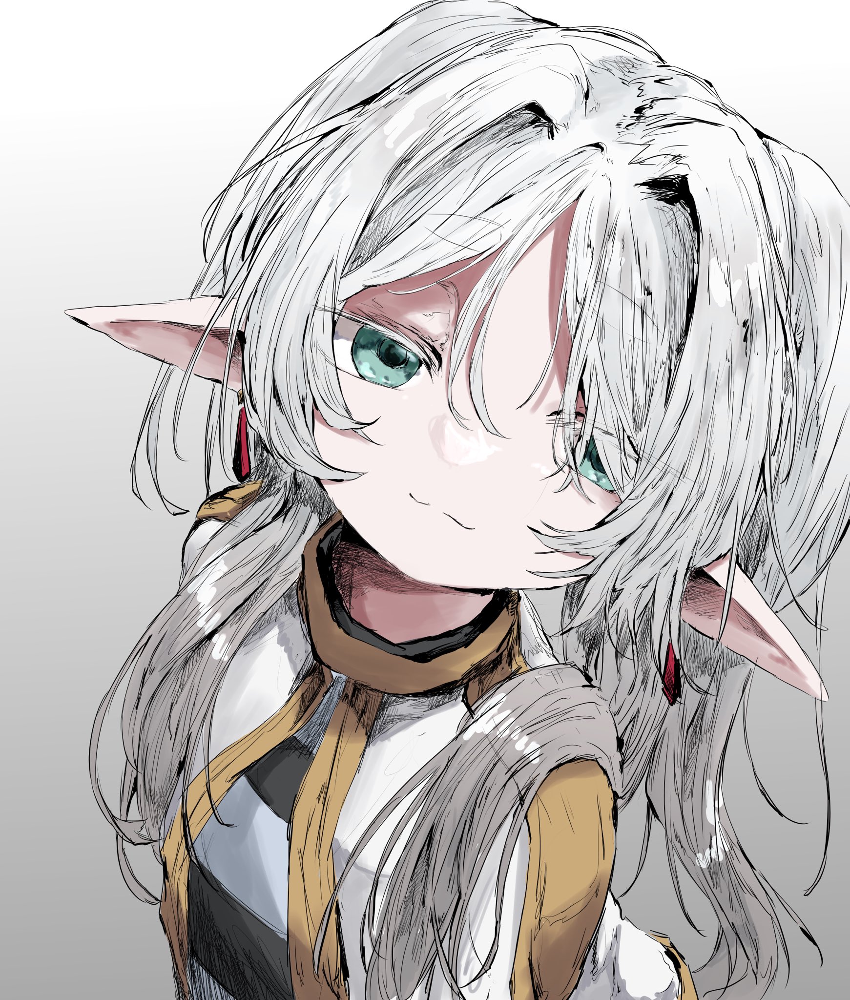 marudoll, frieren, sousou no frieren, commentary, highres, symbol-only commentary, 1girl, blue eyes, capelet, elf, gradient background, grey background, grey hair, light smile, long hair, looking at viewer, pointy ears, shirt, simple background, smile, solo, striped clothes, striped shirt, two-tone background, upper body, white background, white capelet