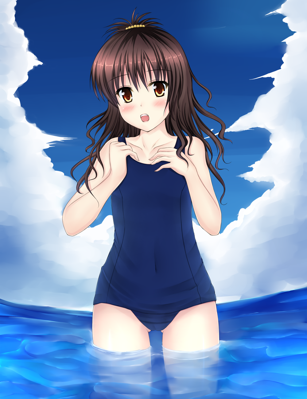 rennkuu, yuuki mikan, to love-ru, highres, 1girl, brown eyes, brown hair, female focus, flat chest, long hair, one-piece swimsuit, outdoors, school swimsuit, sky, solo, submerged, swimsuit, wading, water