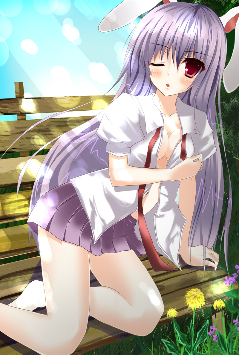 nishidate masu, yumichika, reisen udongein inaba, touhou, bad id, bad pixiv id, 1girl, animal ears, bench, breasts, cleavage, day, female focus, hot, long hair, medium breasts, necktie, no bra, one eye closed, open clothes, open shirt, outdoors, purple hair, rabbit ears, red eyes, shirt, skirt, solo, undone, undone necktie, white shirt, wink