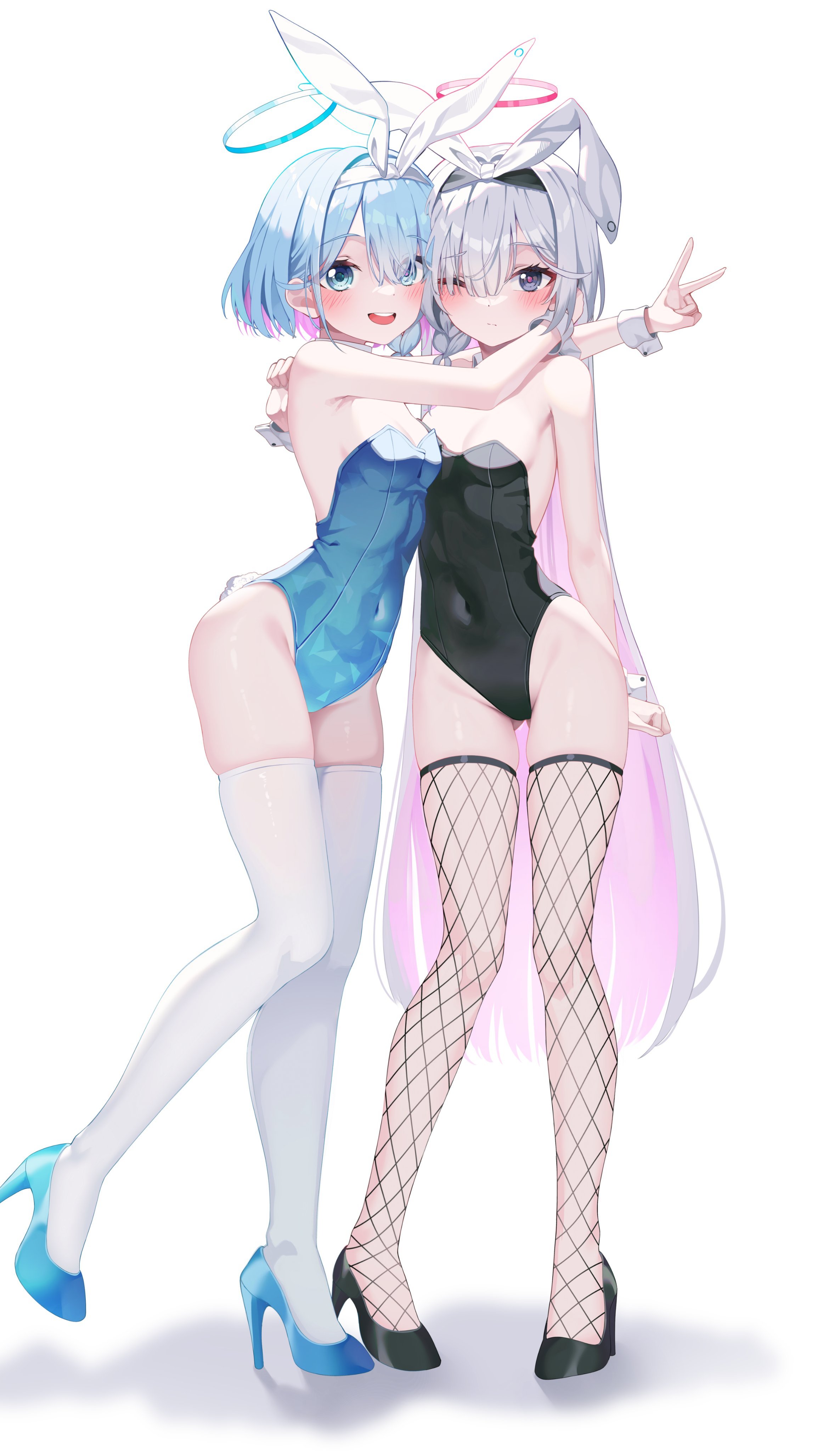 kanzi, arona (blue archive), plana (blue archive), blue archive, absurdres, commentary, hashtag-only commentary, highres, symbol-only commentary, 2girls, alternate costume, animal ear hairband, animal ears, bare shoulders, black shoes, blue eyes, blue hair, blue halo, blue shoes, blush, braid, breasts, closed mouth, colored inner hair, covered navel, dot nose, fake animal ears, fake tail, fishnet thighhighs, fishnets, full body, grey eyes, hair over one eye, hairband, halo, high heels, hug, long hair, looking at viewer, multicolored hair, multiple girls, open mouth, pink hair, playboy bunny, rabbit ear hairband, rabbit ears, rabbit tail, red halo, red pupils, shoes, short hair, side braid, simple background, small breasts, tail, teeth, thighhighs, upper teeth only, v, white background, white hair, white thighhighs, white wrist cuffs, wrist cuffs