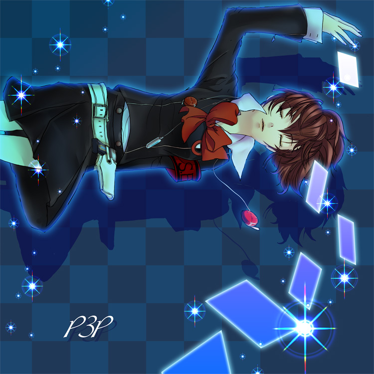 nora (necomneco), shiomi kotone, atlus, persona, persona 3, persona 3 portable, artist request, 1girl, armband, bow, brown hair, card, card with aura, closed eyes, crossdraw holster, female focus, floating card, gun, gun holster, headphones, holster, mp3 player, ribbon, school uniform, skirt, solo, weapon