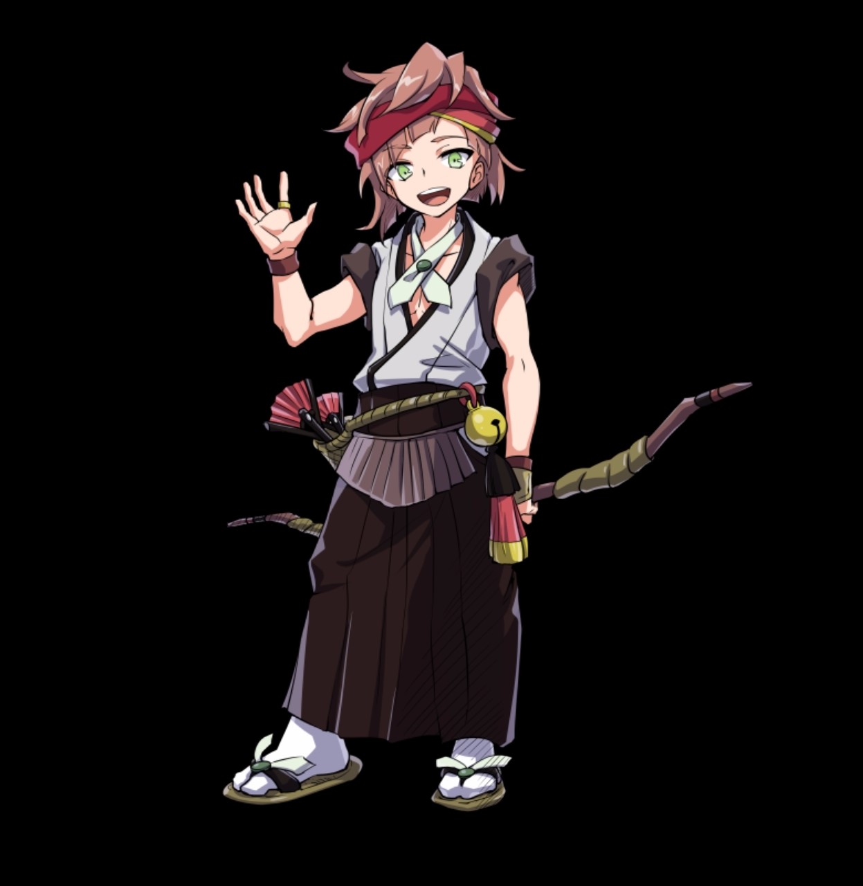 merc storia art team, merc storia, highres, official art, 1boy, bell, black background, black hakama, bow (weapon), brown hair, collarbone, full body, green eyes, hairband, hakama, hakama skirt, hand up, hibuki (merc storia), holding, holding bow (weapon), holding weapon, japanese clothes, jewelry, kimono, open hand, open mouth, quiver, red hairband, ring, short hair, simple background, skirt, sleeves rolled up, smile, socks, solo, spread fingers, standing, tachi-e, teeth, upper teeth only, waraji, weapon, white kimono, white socks