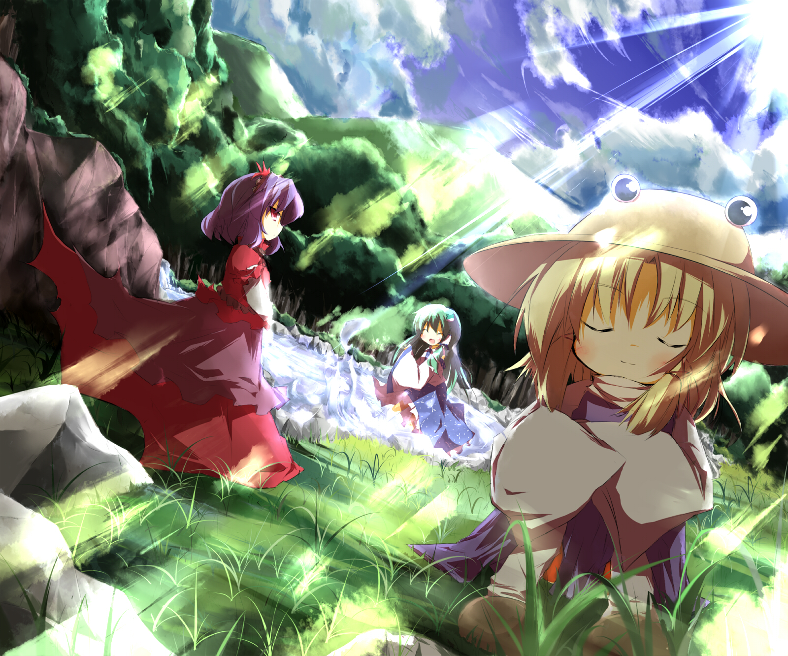 poppuru, kochiya sanae, moriya suwako, yasaka kanako, touhou, bad id, bad pixiv id, highres, 3girls, closed eyes, cloud, crossed arms, day, dutch angle, female focus, grass, hill, light rays, multiple girls, nature, outdoors, rock, sky, splashing, squatting, sun, sunbeam, sunlight, tree, water