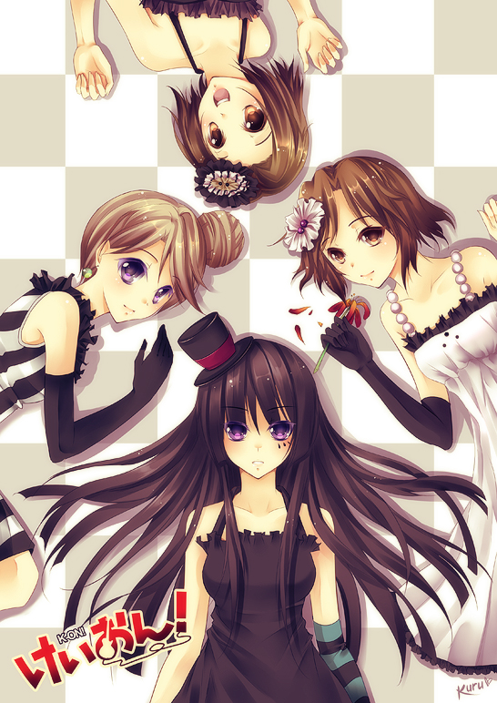 akiyama mio, hirasawa yui, kotobuki tsumugi, tainaka ritsu, don't say "lazy", k-on!, md5 mismatch, 4girls, alternate hairstyle, black hair, brown eyes, brown hair, dress, elbow gloves, facepaint, flower, frills, gloves, hat, ho-kago tea time, long hair, mini hat, mini top hat, multiple girls, purple eyes, short hair, top hat