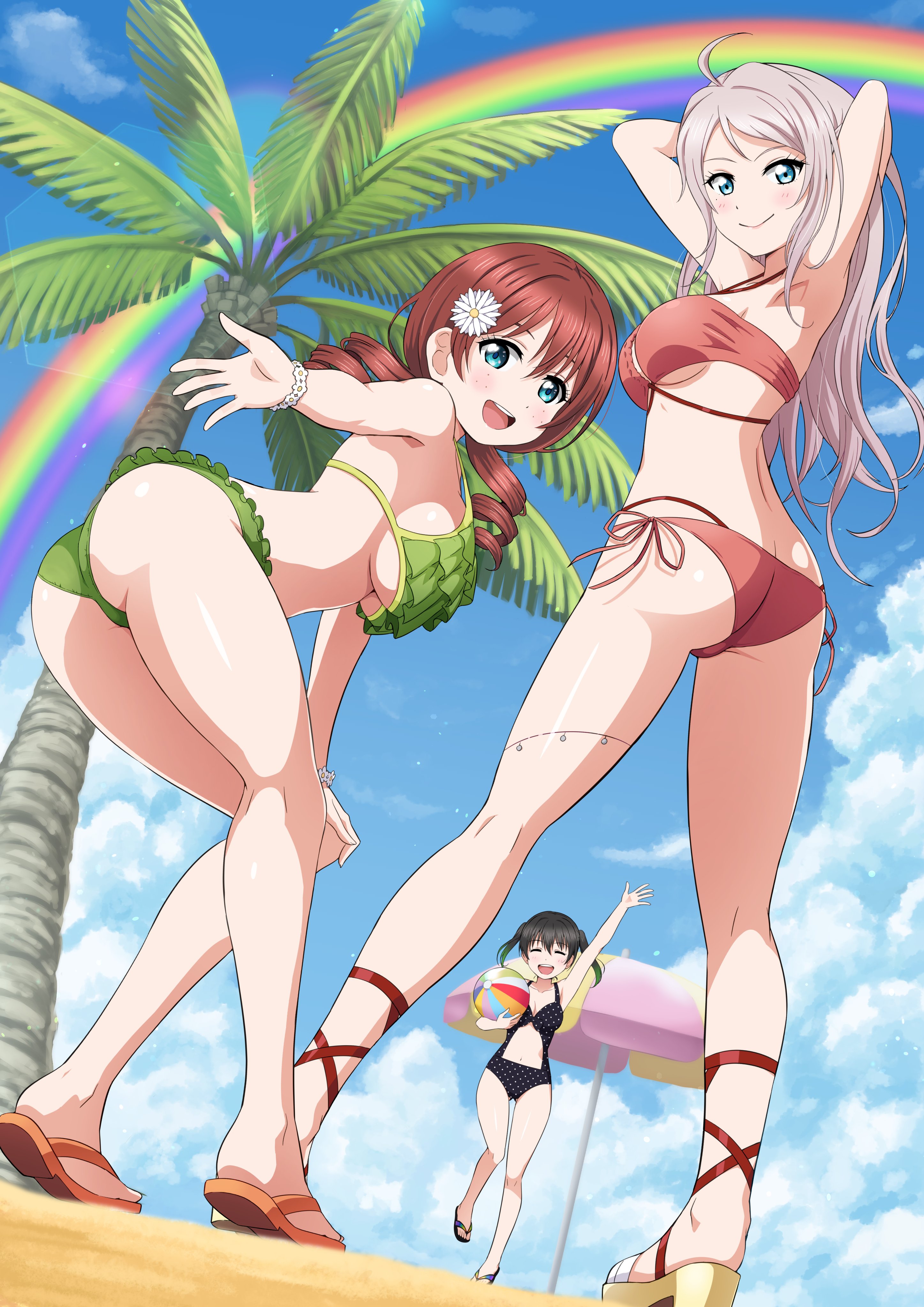 pokemoa, emma verde, emma verde (kujibikido swimsuit), mia taylor, takasaki yu, love live!, love live! nijigasaki high school idol club, absurdres, commentary request, commission, highres, skeb commission, 3girls, ahoge, arms behind head, ball, beachball, bikini, black hair, black one-piece swimsuit, blue eyes, blue sky, blush, bracelet, breasts, brown hair, casual one-piece swimsuit, closed eyes, closed mouth, cloud, flower, flower bracelet, green bikini, grey hair, hair flower, hair ornament, holding, holding ball, holding beachball, jewelry, large breasts, long hair, looking at viewer, medium breasts, multiple girls, navel, one-piece swimsuit, open mouth, outdoors, palm tree, rainbow, red bikini, sandals, sky, smile, stomach, swimsuit, tree, umbrella